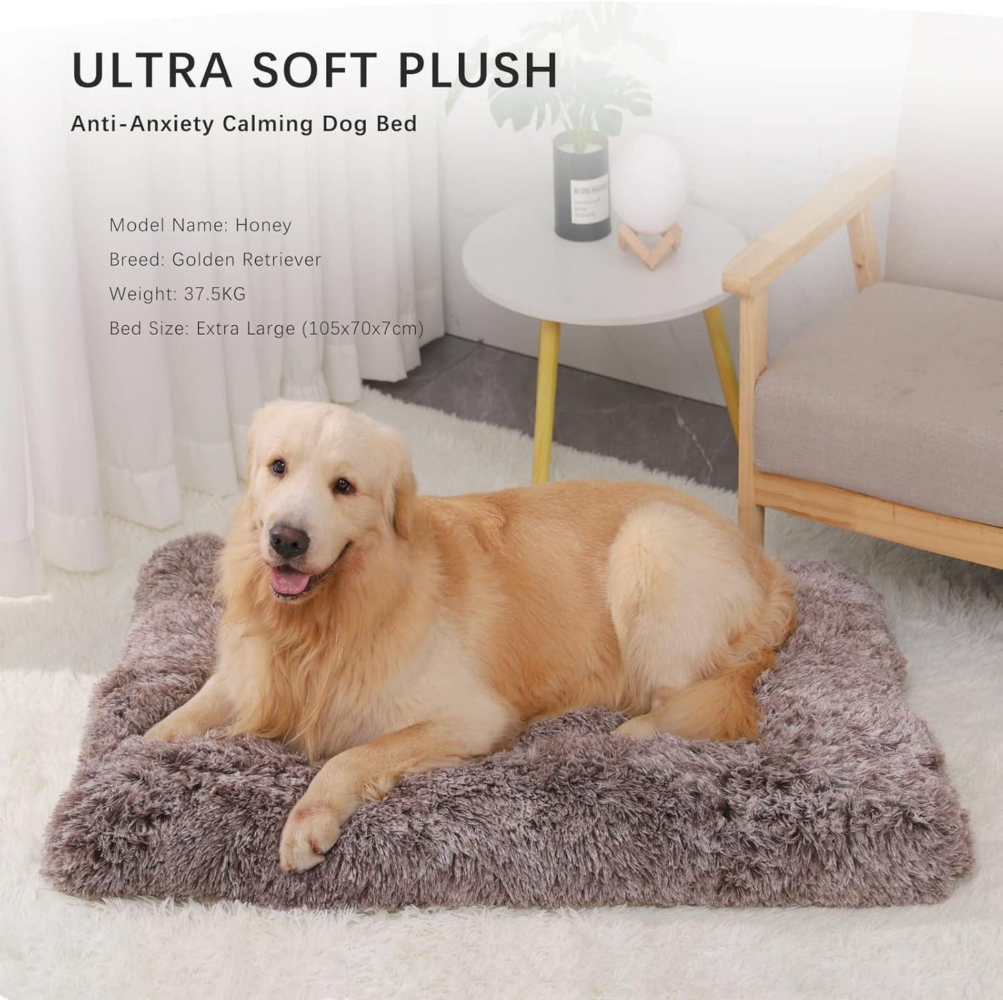 Jaspuriea Large Dog Bed Washable Dog Crate Mattress Calming Fluffy Anti Anxiety Dog Beds Deluxe Plush Dog Mat with Anti-Slip Bottom,90x60x8cm - Comfort Style