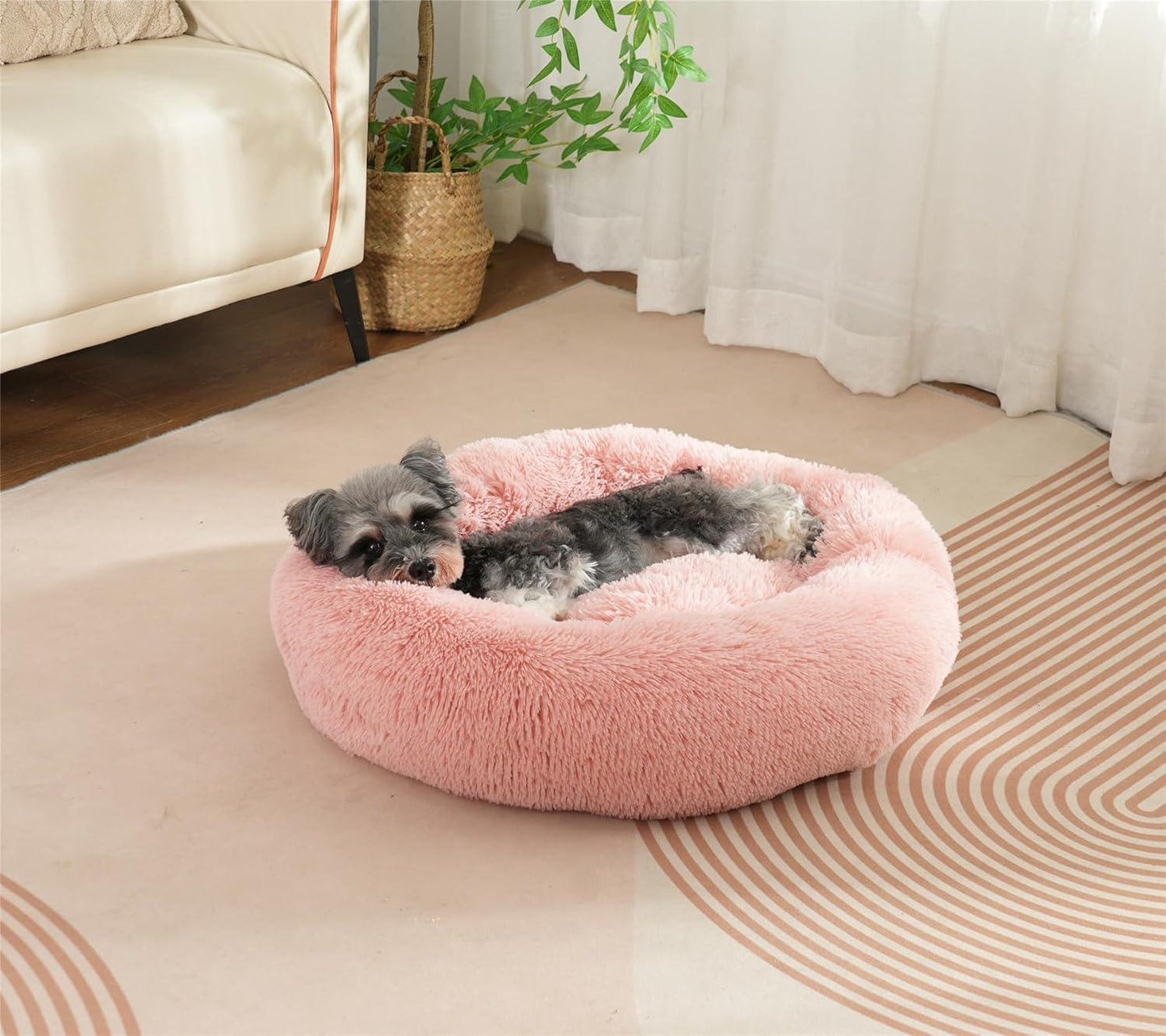 Enjamoy Plush Donut Dog Bed, Calming Round Dog Cat Bed Soft and Fluffy Cuddler Pet Cushion Self-Warming Puppy Beds Machine Washable, Grey 50cm - Comfort Style