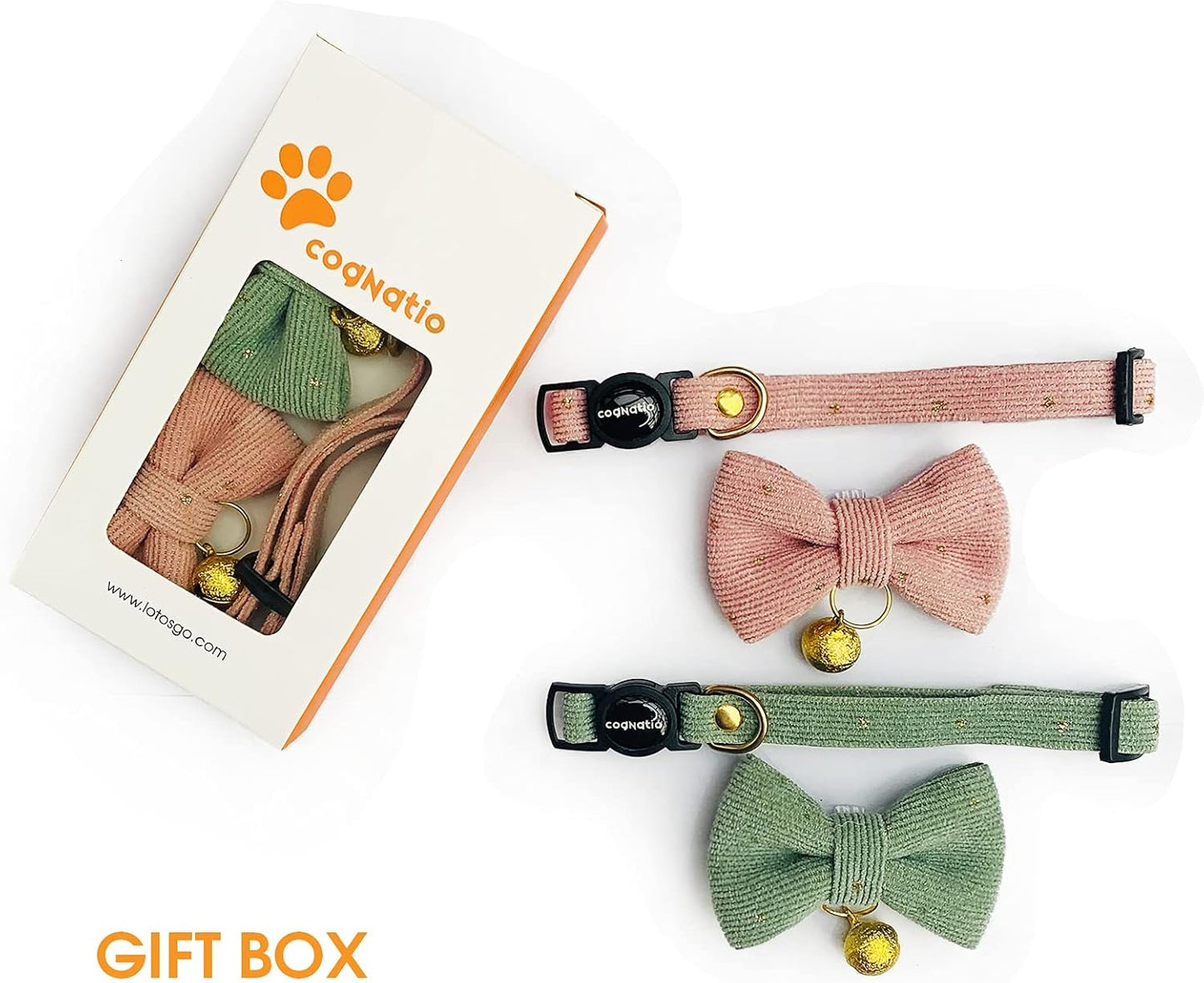 Cognatio Safety Quick Release Cat Collars, Soft Kitten Collars with Detachable Bow Tie and Bell, Pack of 2, Adjustable 20-30 cm (20-30 cm, Green+Pink) - Comfort Style
