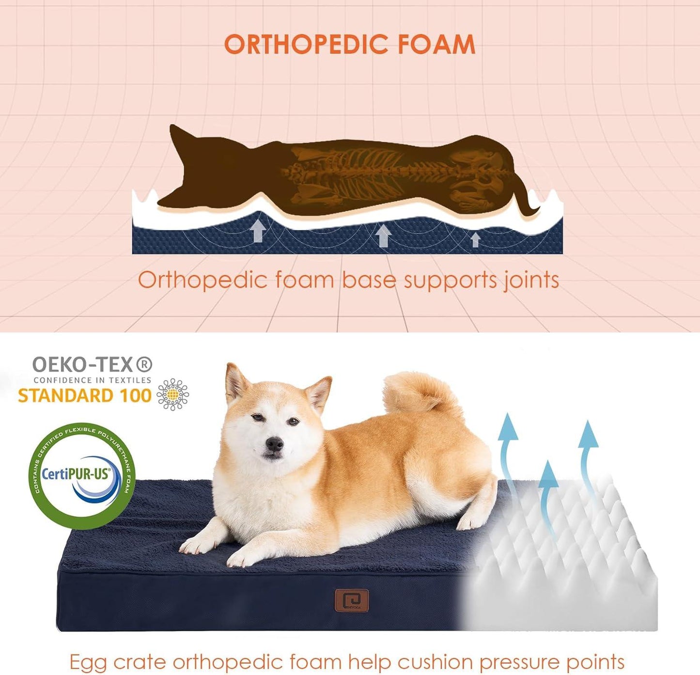 EHEYCIGA Orthopedic Dog Beds Large Mattress with Removable Washable Cover for Crate, Grey, 91x68x9cm - Comfort Style