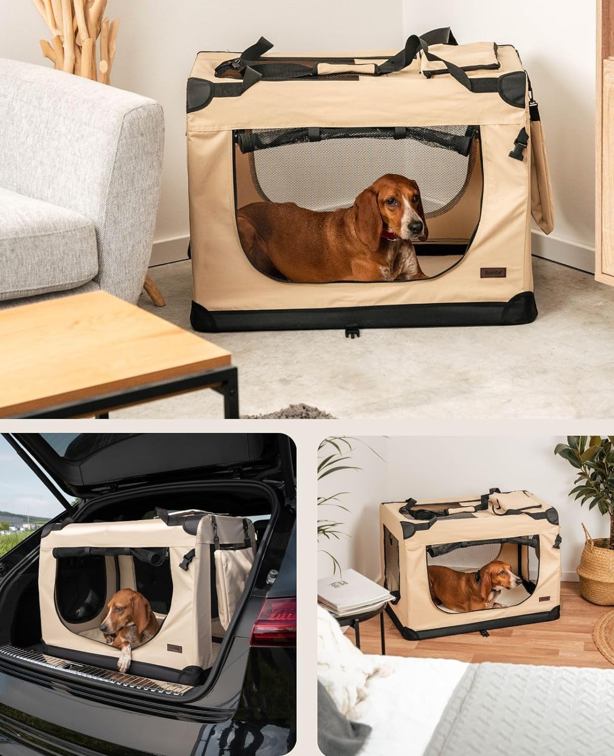 lionto Dog transport box foldable for travel & car, 50x34x36 cm, sturdy transport box with carrying handles & blanket for cats & dogs up to 10 kg, sturdy fabric dog box for small & large, beige - Comfort Style