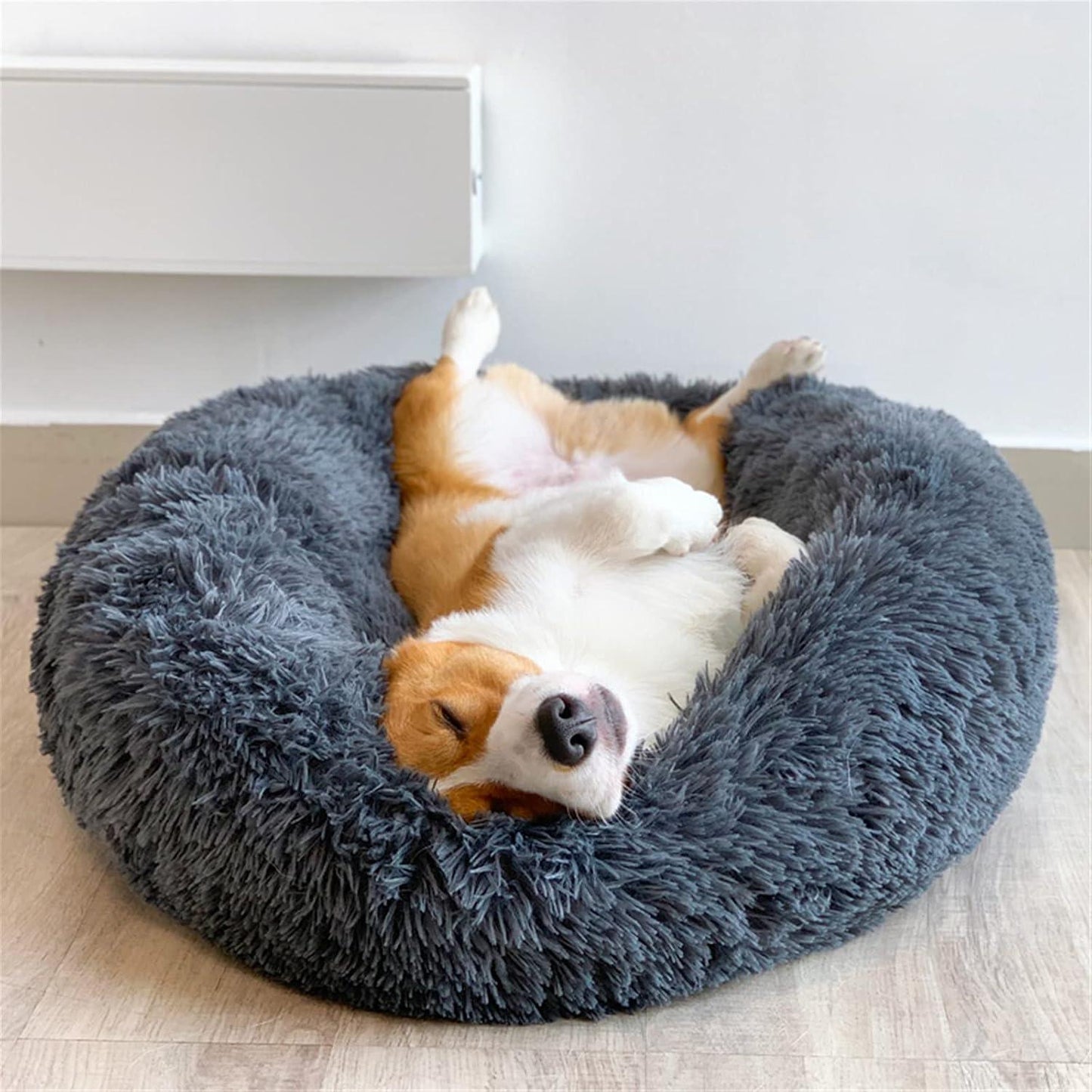 Enjamoy Plush Donut Dog Bed, Calming Round Dog Cat Bed Soft and Fluffy Cuddler Pet Cushion Self-Warming Puppy Beds Machine Washable, Grey 50cm - Comfort Style