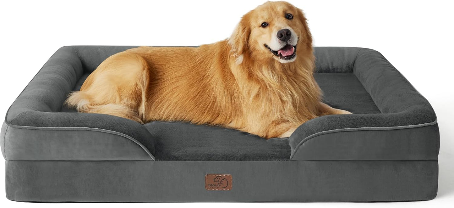 Bedsure Large Dog Bed Sofa - Washable Orthopedic Dog Beds and Couch with Removable Flannel Cover, Waterproof Dog Pillow with U-Shape Bolster, Grey Squre Pet Bed, 89x63x16cm - Comfort Style