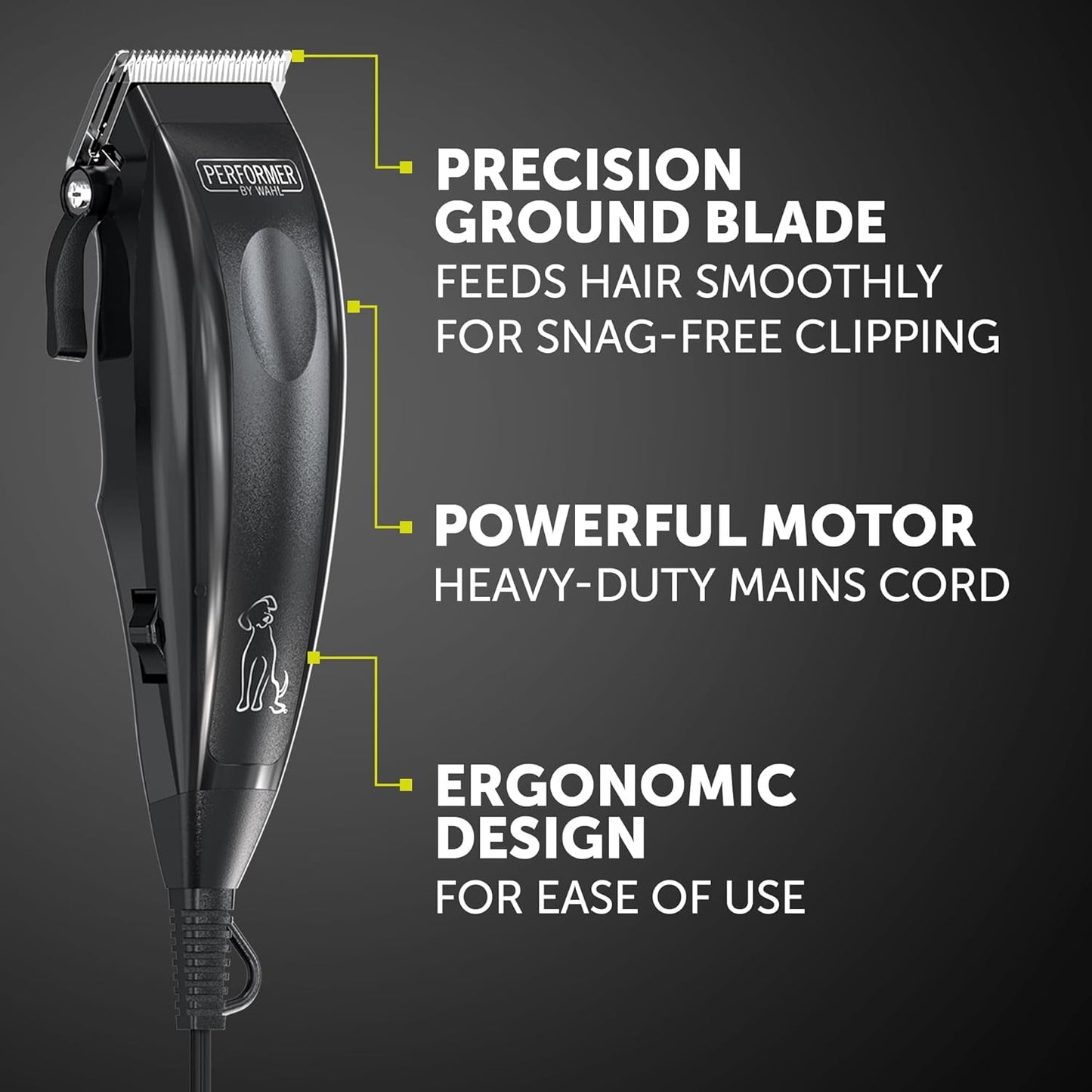 Wahl Performer Pet Clipper, Corded Dog Clippers, Full Coat Grooming Kit, High Carbon Steel Blades, Grooming Pets at Home, Powerful and Quiet, 4 Attachment Combs (3,6,9,13 mm)