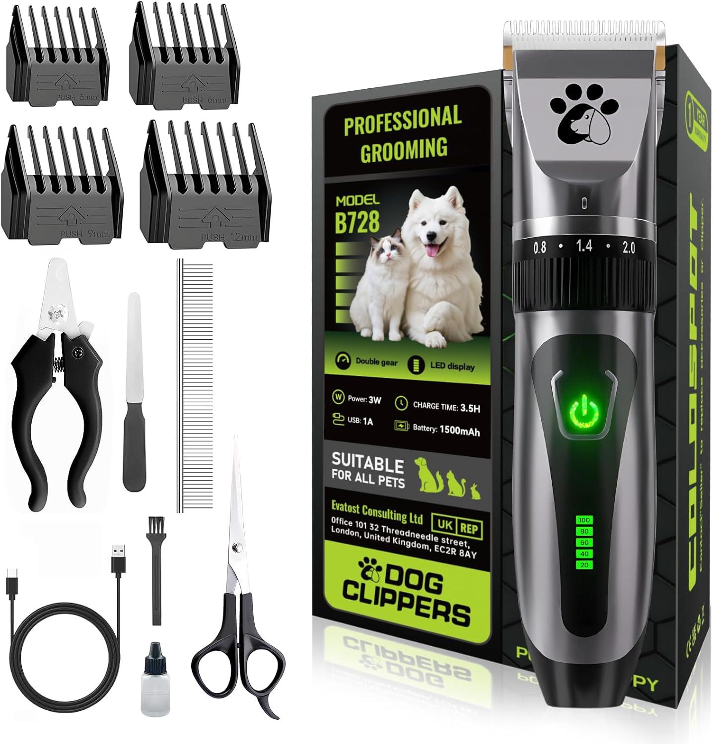 Dog Clippers Cordless, Professional Dog Trimmer, 2-Speed Low Noise Dog Grooming Kit, Pet Trimmer for Small Large Thick Hair Dogs - Comfort Style