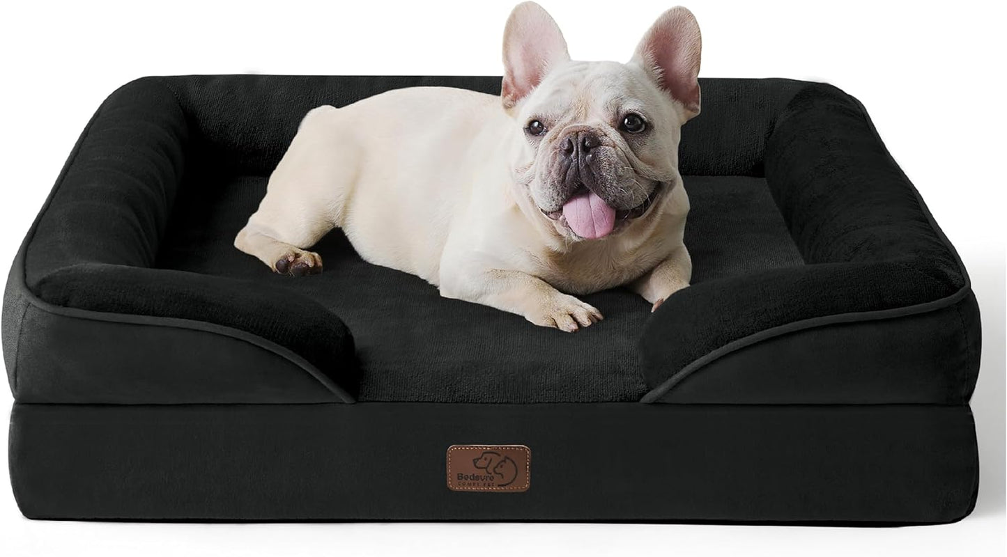 Bedsure Large Dog Bed Sofa - Washable Orthopedic Dog Beds and Couch with Removable Flannel Cover, Waterproof Dog Pillow with U-Shape Bolster, Grey Squre Pet Bed, 89x63x16cm - Comfort Style