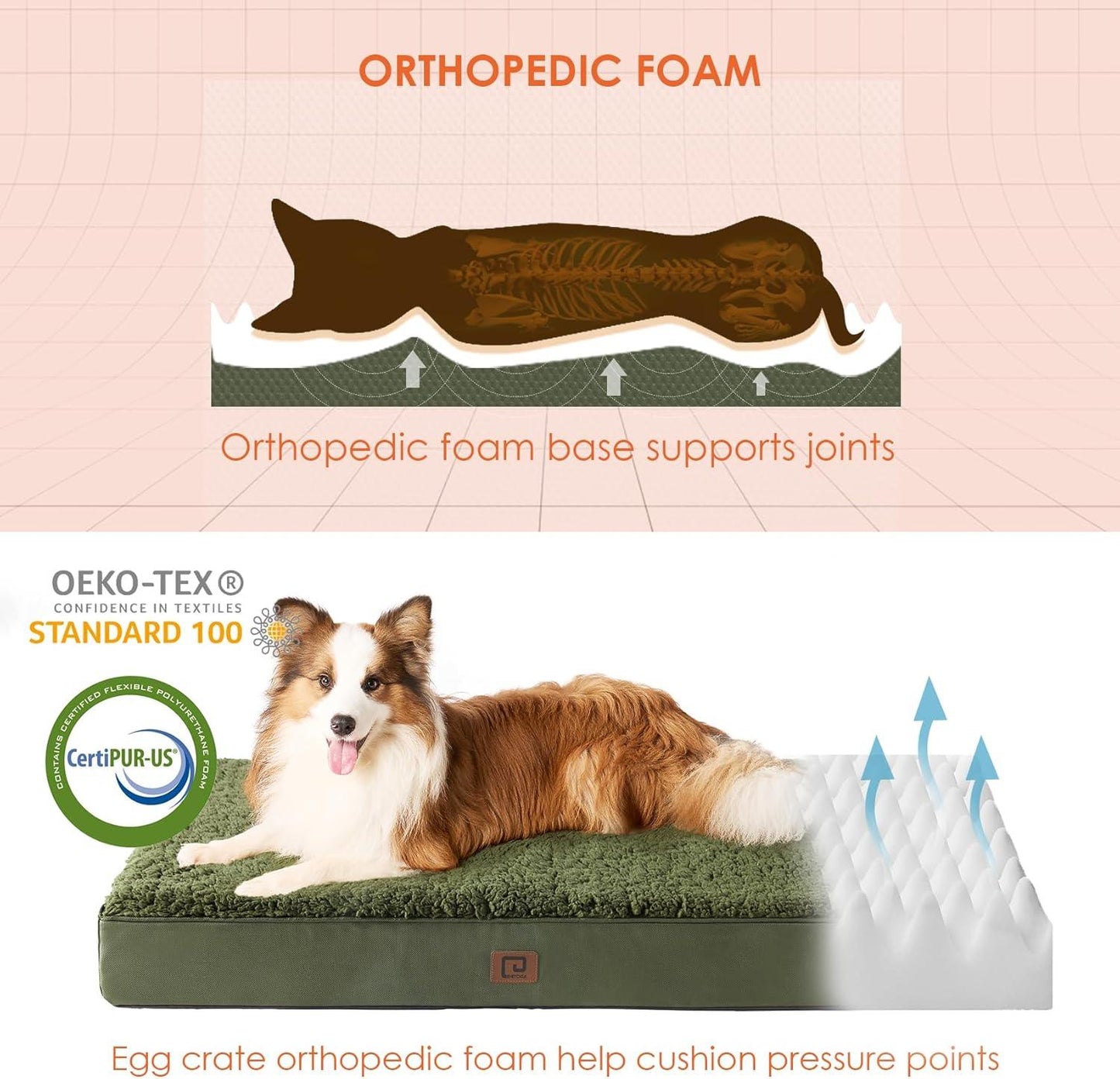 EHEYCIGA Orthopedic Dog Beds Large Mattress with Removable Washable Cover for Crate, Grey, 91x68x9cm - Comfort Style
