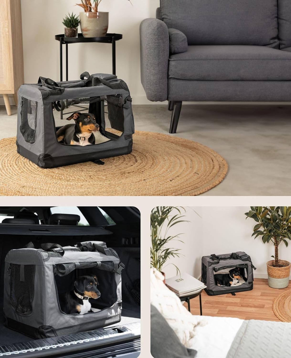 lionto Dog transport box foldable for travel & car, 50x34x36 cm, sturdy transport box with carrying handles & blanket for cats & dogs up to 10 kg, sturdy fabric dog box for small & large, beige - Comfort Style