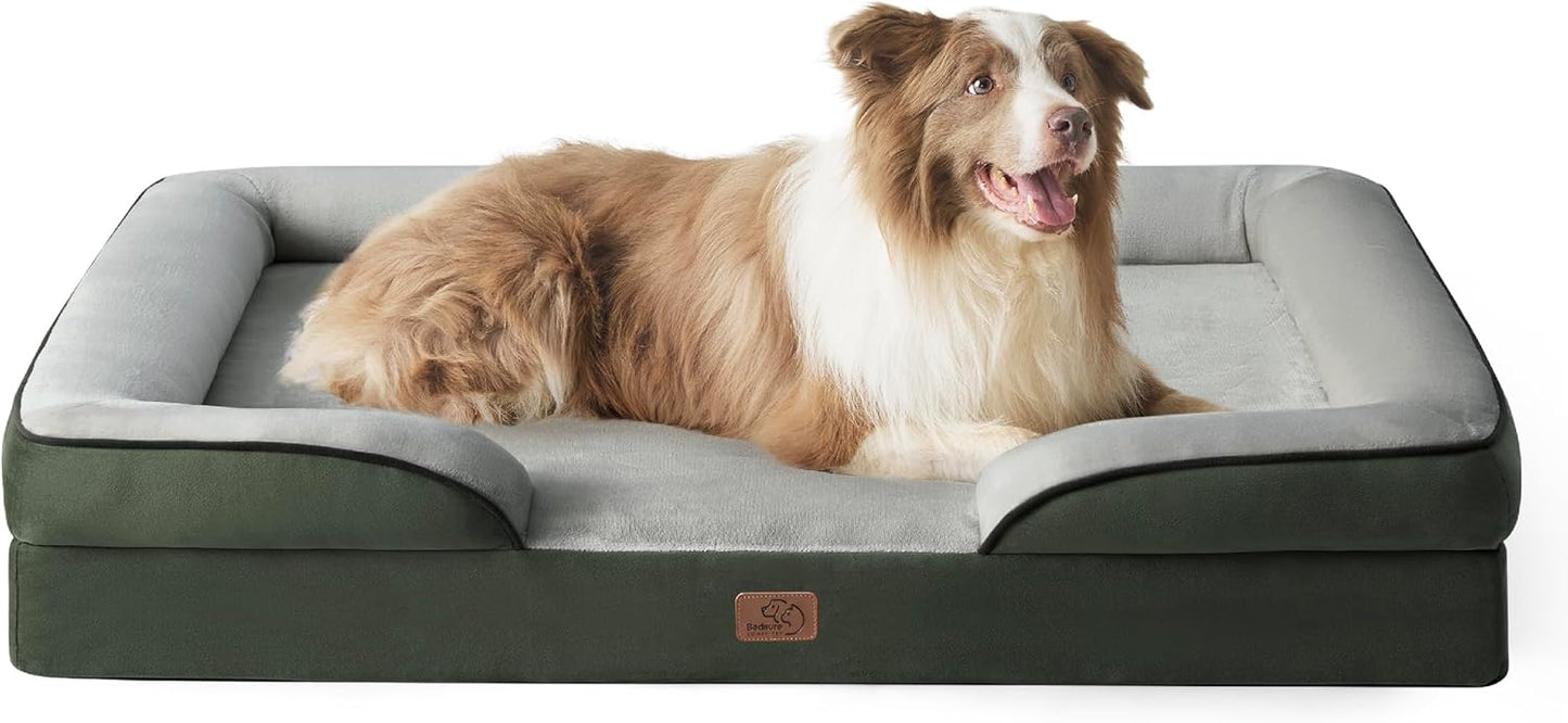 Bedsure Large Dog Bed Sofa - Washable Orthopedic Dog Beds and Couch with Removable Flannel Cover, Waterproof Dog Pillow with U-Shape Bolster, Grey Squre Pet Bed, 89x63x16cm - Comfort Style
