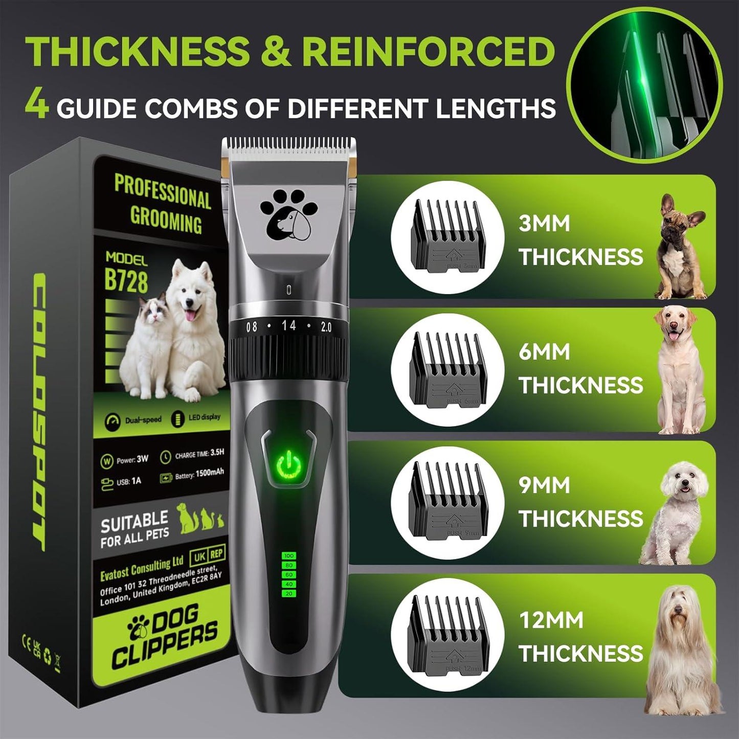 Dog Clippers Cordless, Professional Dog Trimmer, 2-Speed Low Noise Dog Grooming Kit, Pet Trimmer for Small Large Thick Hair Dogs - Comfort Style