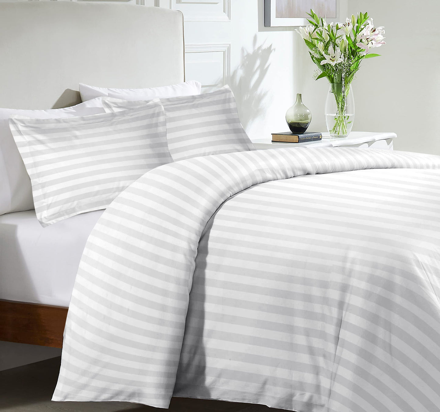 MOONLIGHT20015 Duvet Set Reversible Stripes Satin Double Bedding Set with 2 Pillowcases Soft Hypoallergenic Duvet Cover - Comfort Style
