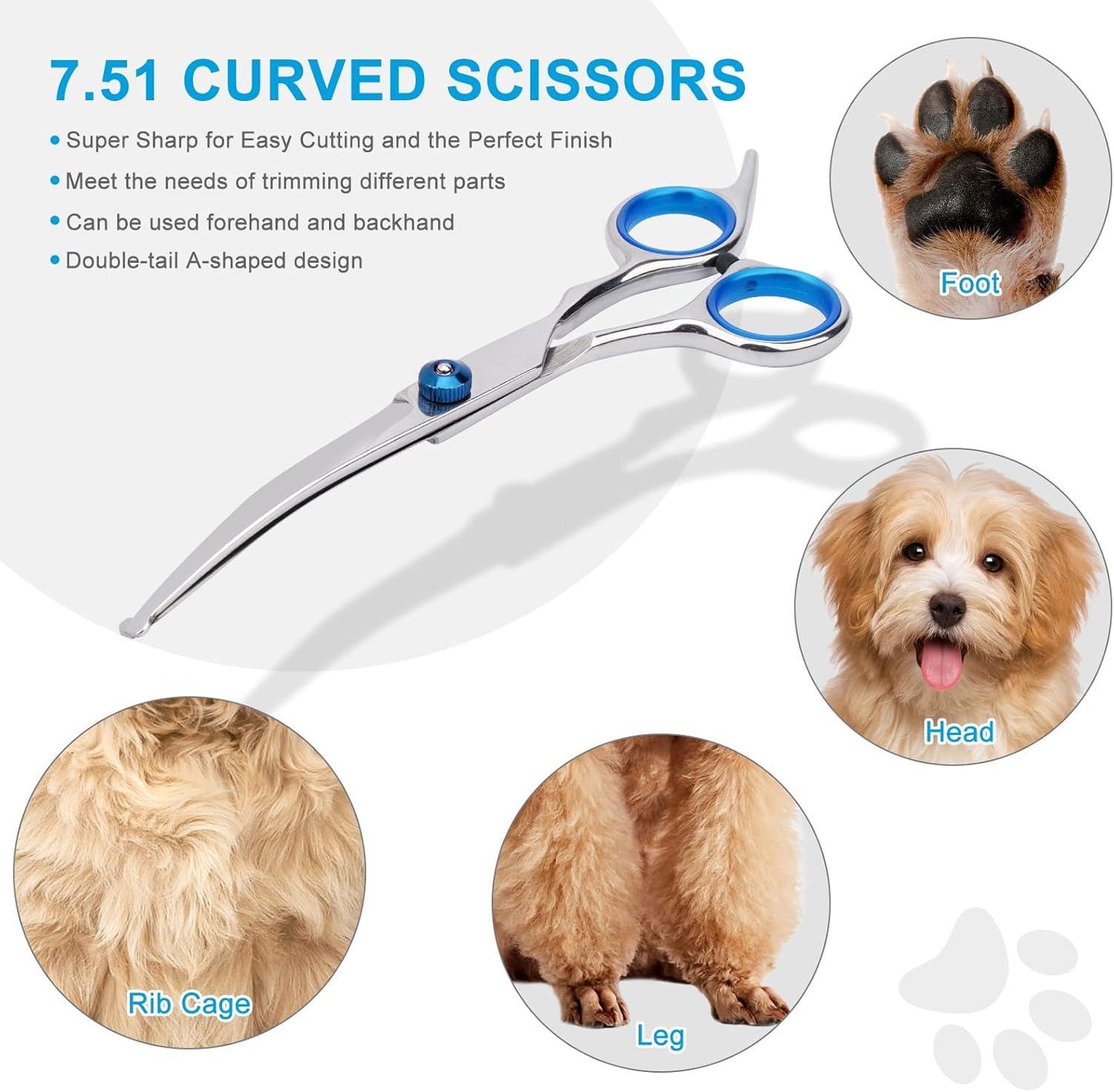 Dog Grooming Scissors with Safety Round Tip, Pet Dog Cat Curved Grooming Shears Scissors, Stainless Steel Pet Grooming Tools (Silver Down Curved Scissor) - Comfort Style