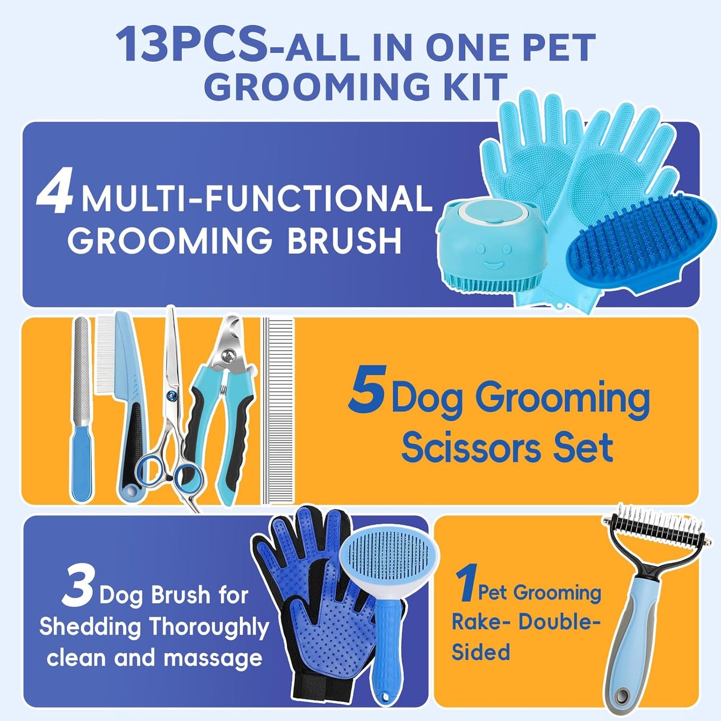 13Pcs Pet Grooming Kit - Dog Cat Deshedding Brush, Nail Clippers with File, Hair Remover Gloves & Bath Tools for Long/Short Haired Pets, Grooming Tool for Long and Short Haired Pets