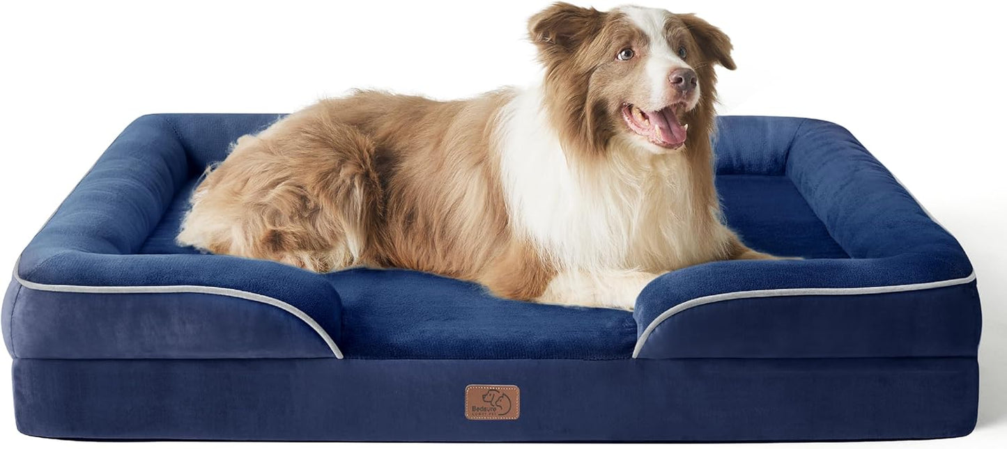 Bedsure Large Dog Bed Sofa - Washable Orthopedic Dog Beds and Couch with Removable Flannel Cover, Waterproof Dog Pillow with U-Shape Bolster, Grey Squre Pet Bed, 89x63x16cm - Comfort Style