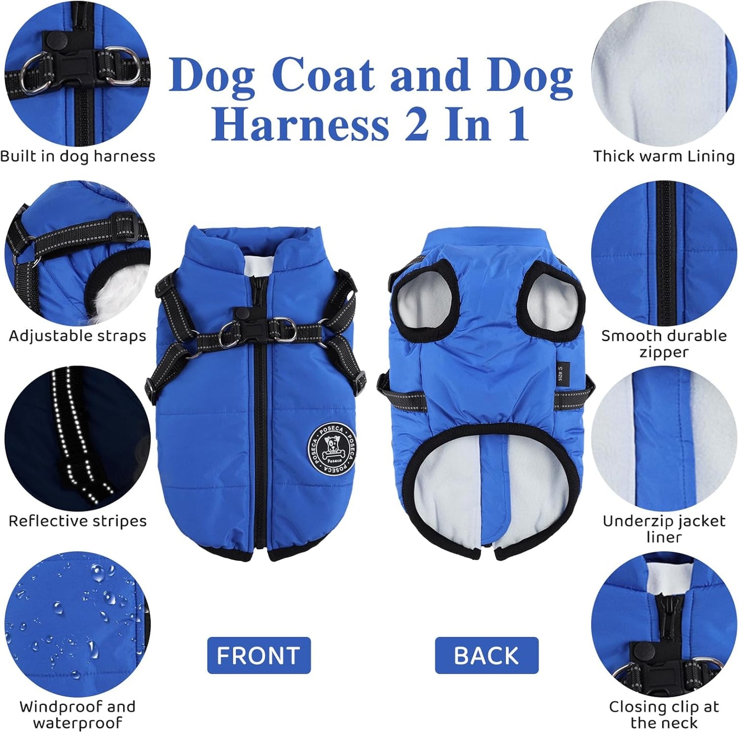 Poseca Dog Clothes for Small Dogs Dog Coat Waterproof Winter Jacket Warm Vest Dog Clothes Dog Coat Warm Winter Dog Jacket with Dog Harness for Small Medium Large Dogs - Comfort Style