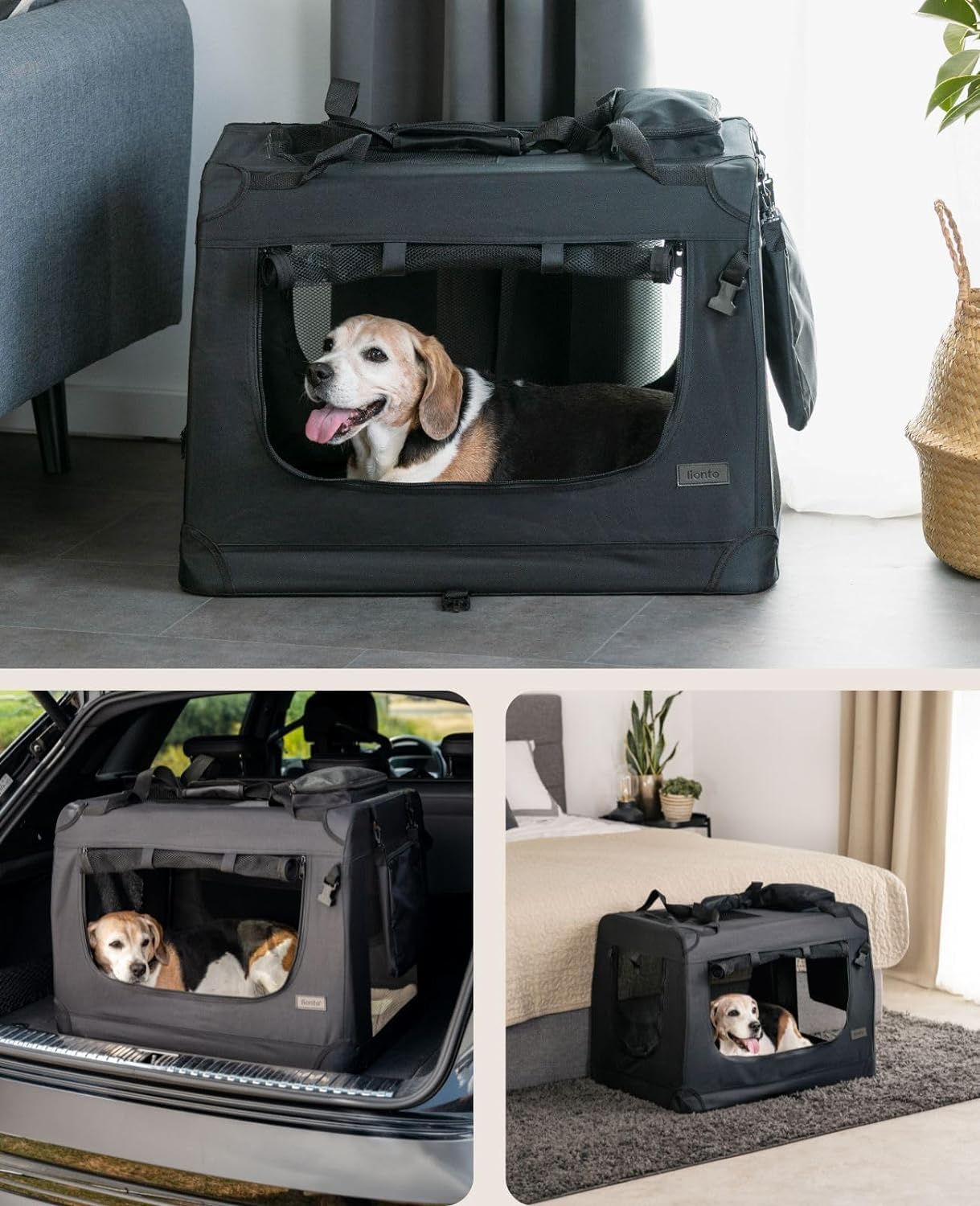lionto Dog transport box foldable for travel & car, 50x34x36 cm, sturdy transport box with carrying handles & blanket for cats & dogs up to 10 kg, sturdy fabric dog box for small & large, beige - Comfort Style