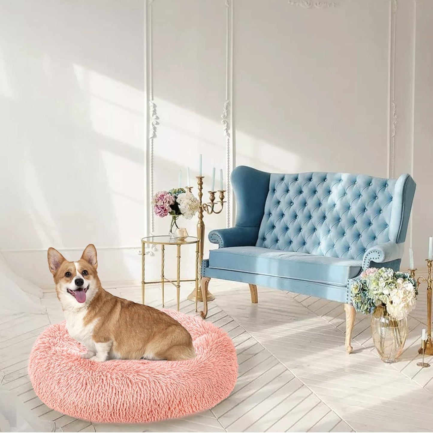 Enjamoy Plush Donut Dog Bed, Calming Round Dog Cat Bed Soft and Fluffy Cuddler Pet Cushion Self-Warming Puppy Beds Machine Washable, Grey 50cm - Comfort Style