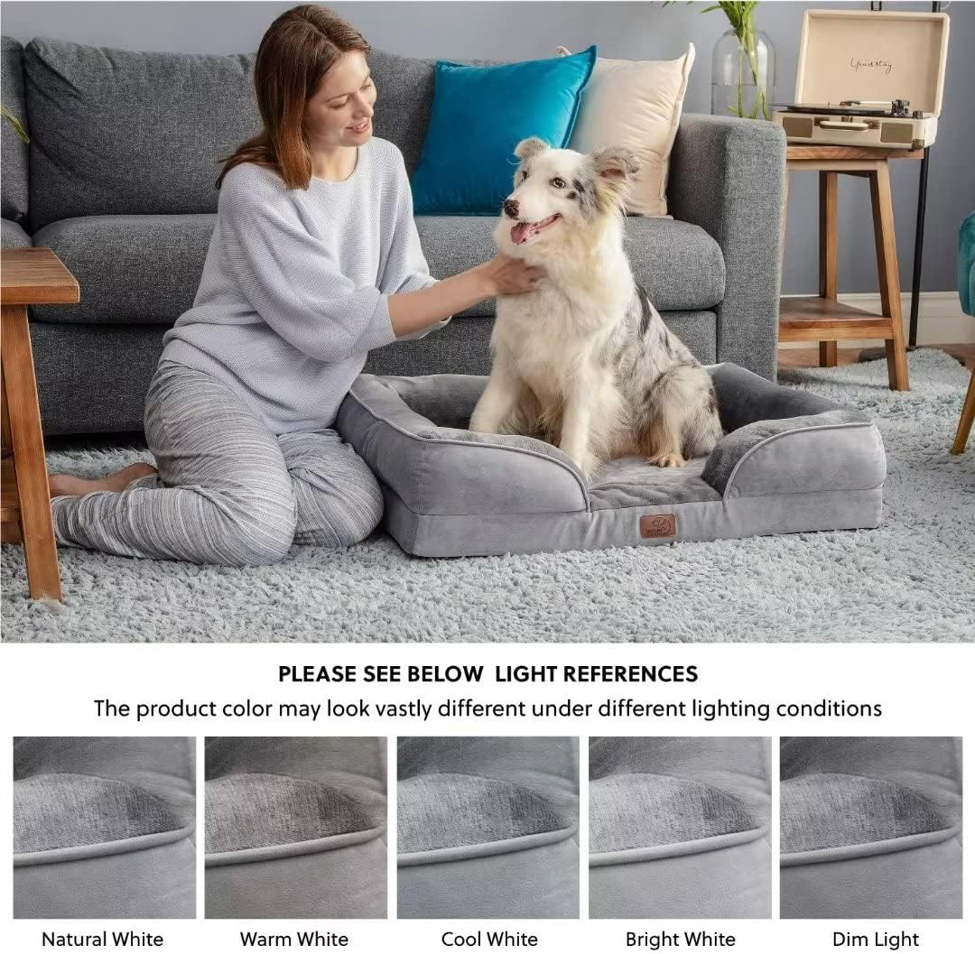 Bedsure Large Dog Bed Sofa - Washable Orthopedic Dog Beds and Couch with Removable Flannel Cover, Waterproof Dog Pillow with U-Shape Bolster, Grey Squre Pet Bed, 89x63x16cm - Comfort Style