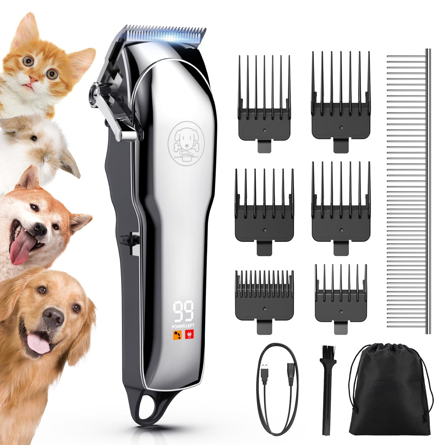 Kriogor Professional Dog Clippers for Thick Coats, Low Noise Grooming Clipper Pet Clippers for Dogs, Cordless Dog Timmers with 10 Guide Combs for Pets, Cat, Dogs Shears