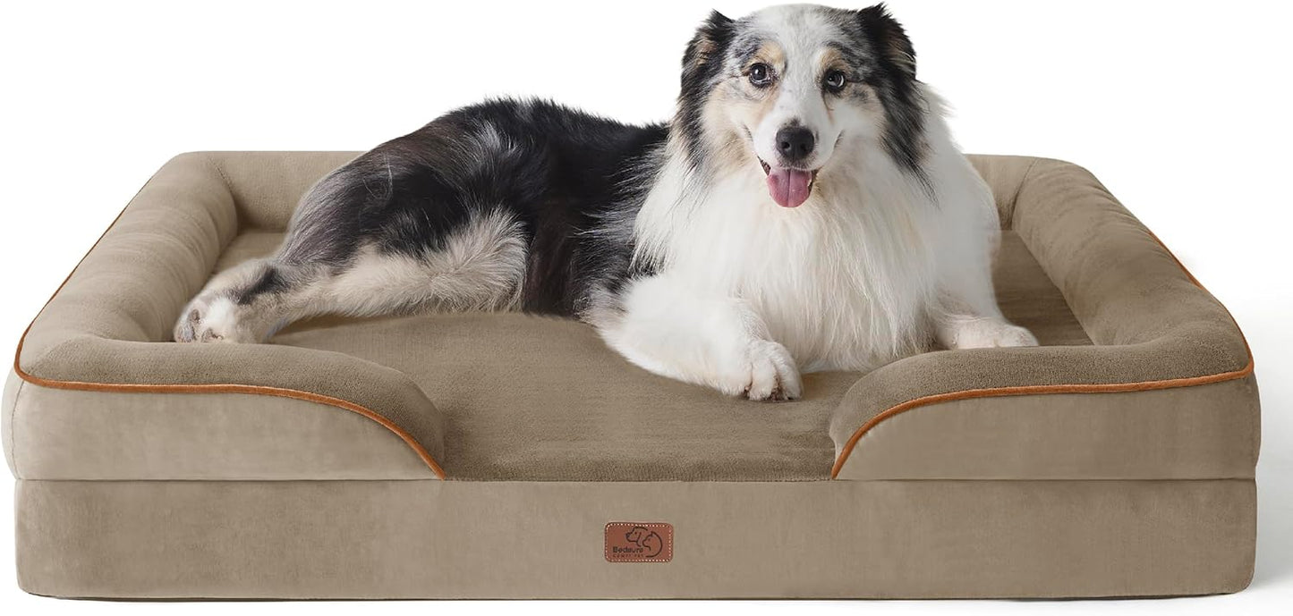 Bedsure Large Dog Bed Sofa - Washable Orthopedic Dog Beds and Couch with Removable Flannel Cover, Waterproof Dog Pillow with U-Shape Bolster, Grey Squre Pet Bed, 89x63x16cm - Comfort Style