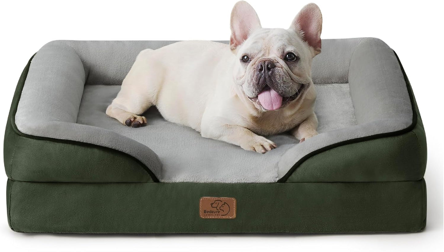 Bedsure Large Dog Bed Sofa - Washable Orthopedic Dog Beds and Couch with Removable Flannel Cover, Waterproof Dog Pillow with U-Shape Bolster, Grey Squre Pet Bed, 89x63x16cm - Comfort Style