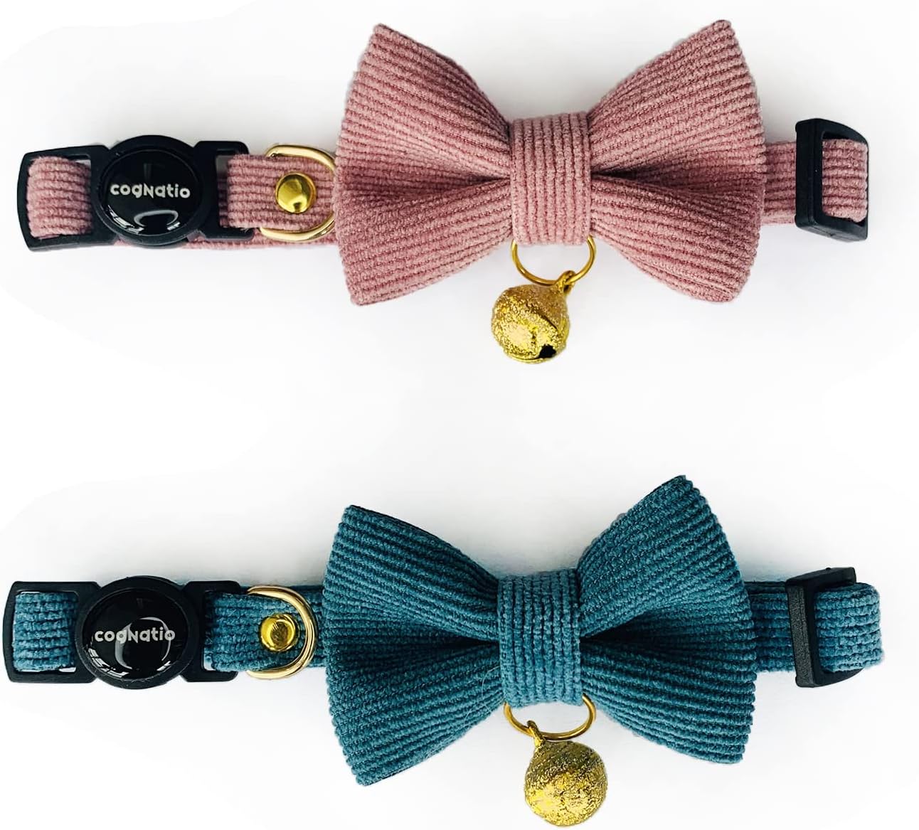 Cognatio Safety Quick Release Cat Collars, Soft Kitten Collars with Detachable Bow Tie and Bell, Pack of 2, Adjustable 20-30 cm (20-30 cm, Green+Pink) - Comfort Style