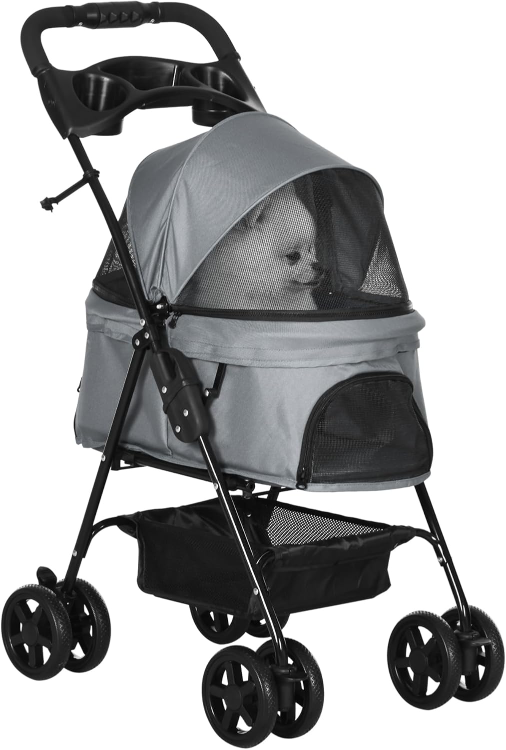 PawHut Dog Pram Dog Stroller Foldable Pet Pushchair with 4 Wheels, Safety Leashes, Cup Holder for Small Dogs, Grey