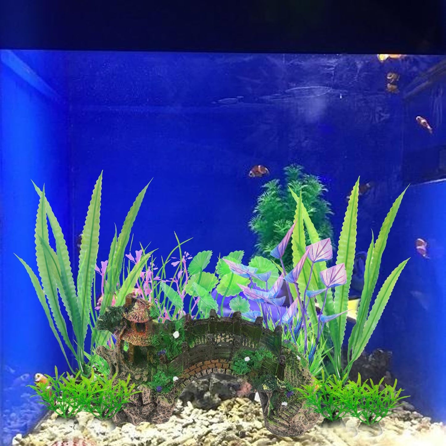 Aquarium Ornament Plants with Resin Arch Bridge, 13pcs Green Aquariums Plants Plastic and Aquarium Decorative Pavilion Tree Bridge for Fish Tank Ornament Decoration - Comfort Style