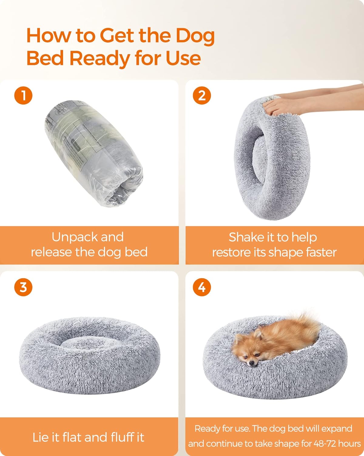 Feandrea Dog Bed, Donut Cat Bed, Fluffy Calming Pet Bed with Removable, Washable Cover, Soft Long Plush, 50 cm, Grey - Comfort Style