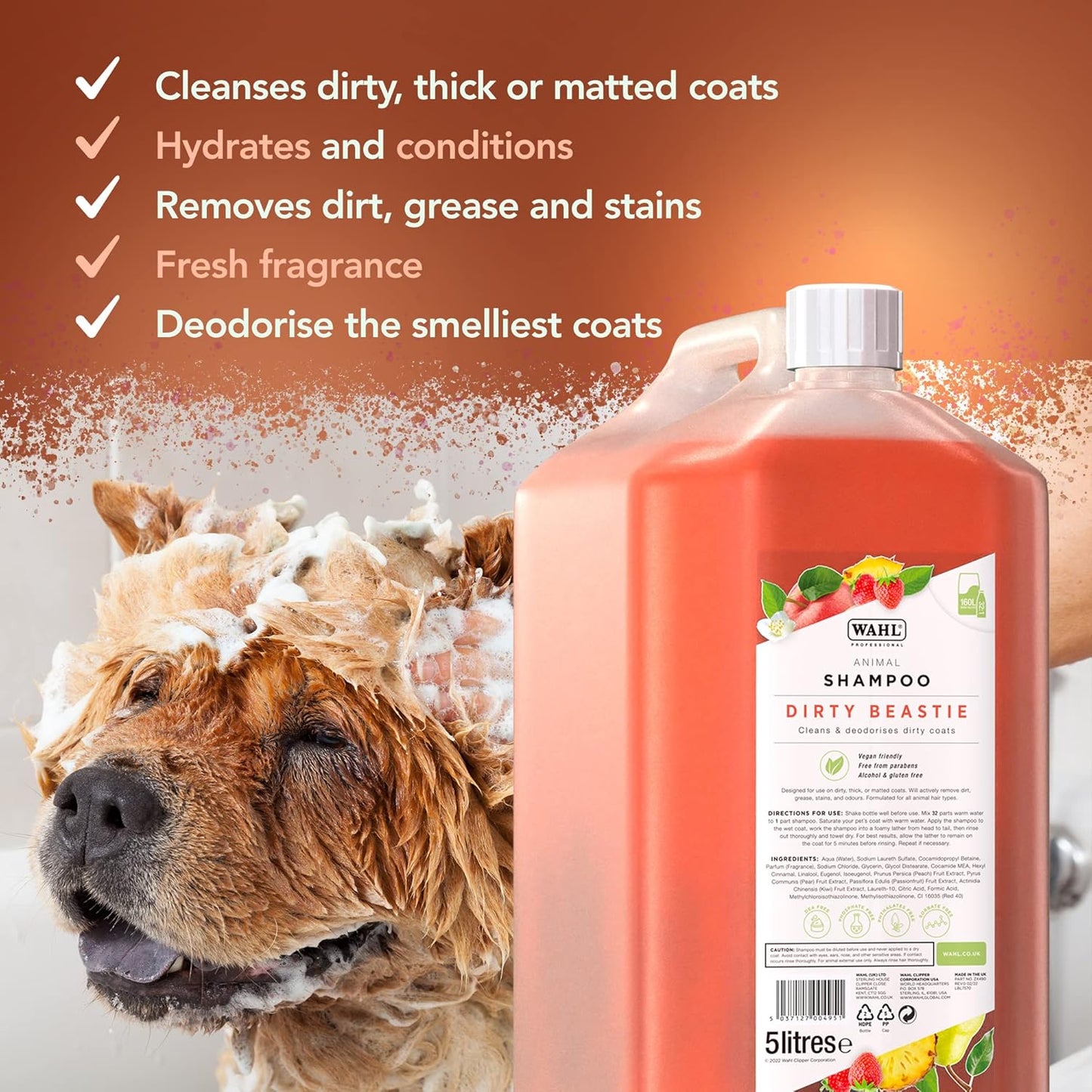 Wahl Dirty Beastie Shampoo, Dog Shampoo, Shampoo for Pets, Natural Pet Friendly Formula, For Dirty Pet Coats, Concentrate 32:1, Remove Dirt and Odours, Smelly Coat, 5 Litre