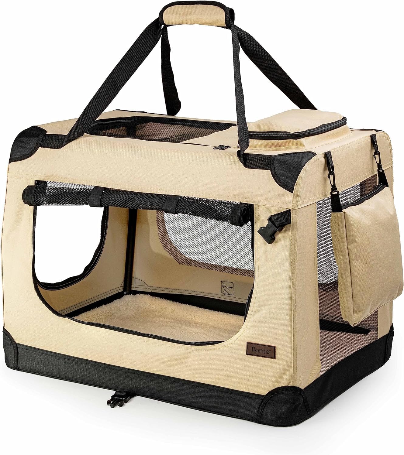 lionto Dog transport box foldable for travel & car, 50x34x36 cm, sturdy transport box with carrying handles & blanket for cats & dogs up to 10 kg, sturdy fabric dog box for small & large, beige - Comfort Style