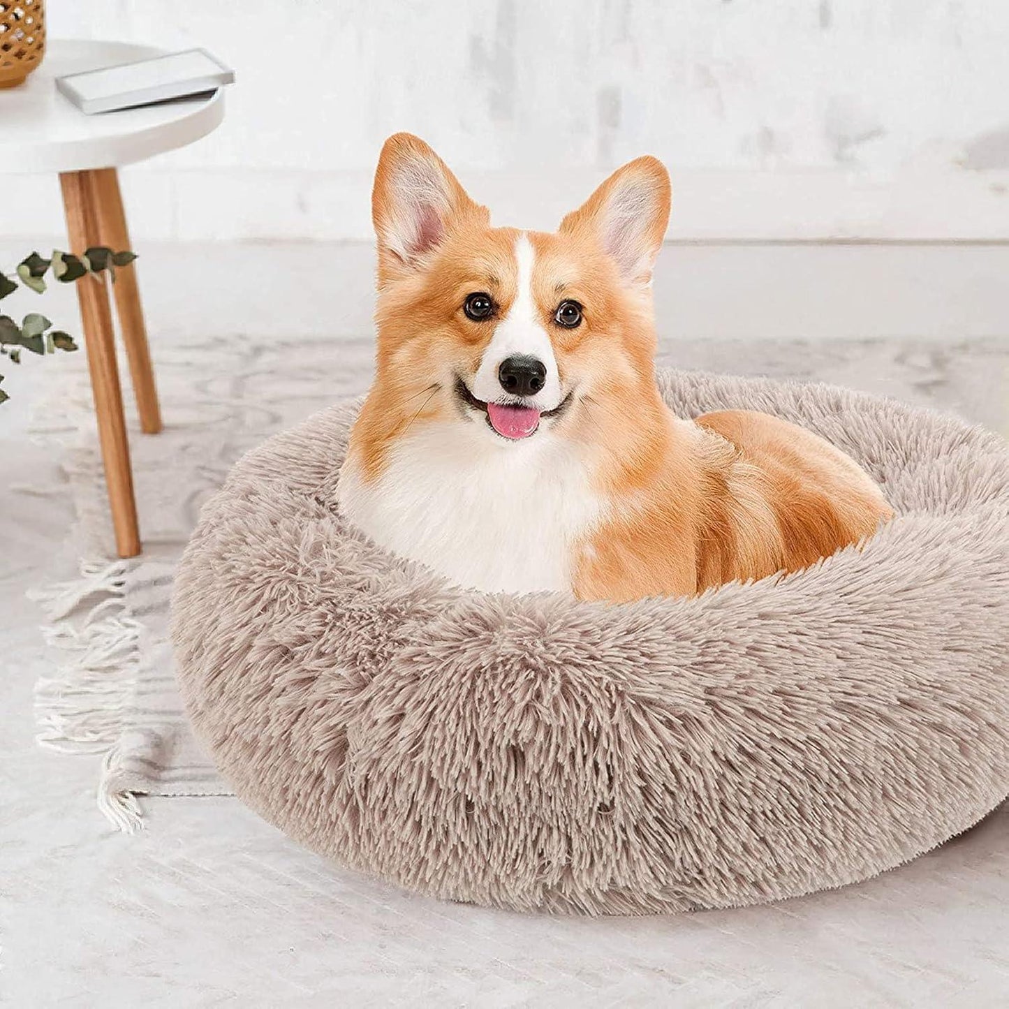 Enjamoy Plush Donut Dog Bed, Calming Round Dog Cat Bed Soft and Fluffy Cuddler Pet Cushion Self-Warming Puppy Beds Machine Washable, Grey 50cm - Comfort Style