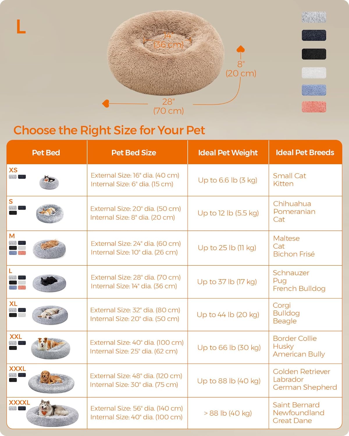 Feandrea Dog Bed, Donut Cat Bed, Fluffy Calming Pet Bed with Removable, Washable Cover, Soft Long Plush, 50 cm, Grey - Comfort Style