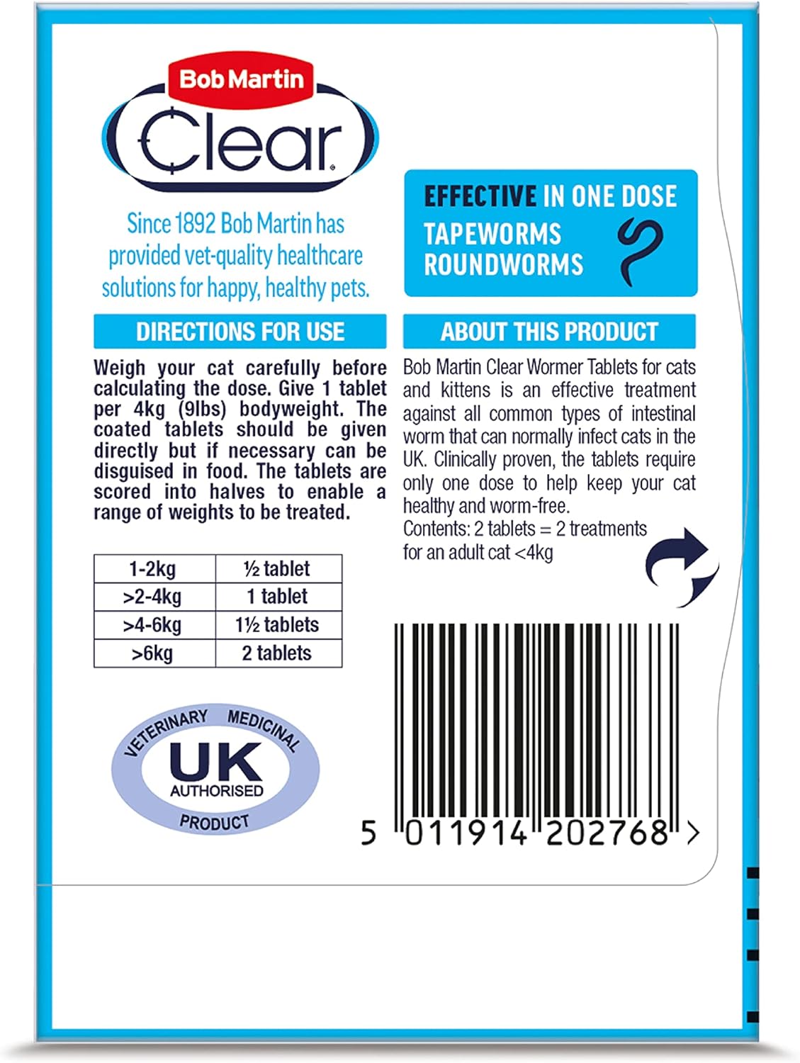 Bob Martin Clear Wormer Treatment for Cats (2 Tablets) - Suitable for Kittens, Clinically Proven Treatment - Comfort Style