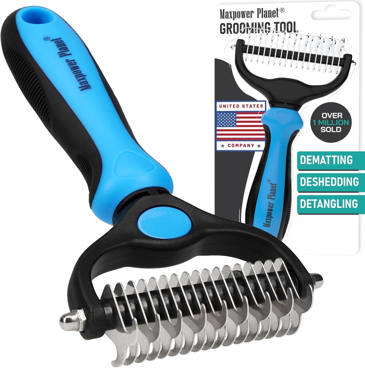 Maxpower Planet Dog Brush - Reduce Shedding by 95% - Double Sided Deshedding Dematting Tool - Undercoat Rake Dog, Cat Brush - Dog Brushes Shedding Hair - Dog Grooming Brush - Cat Grooming Brush, Blue - Comfort Style