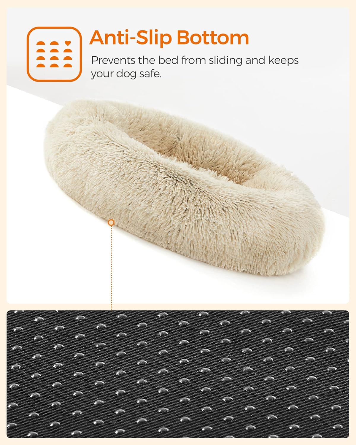 Feandrea Dog Bed, Donut Cat Bed, Fluffy Calming Pet Bed with Removable, Washable Cover, Soft Long Plush, 50 cm, Grey - Comfort Style