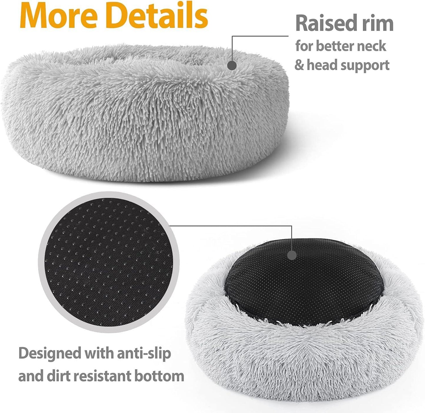 Enjamoy Plush Donut Dog Bed, Calming Round Dog Cat Bed Soft and Fluffy Cuddler Pet Cushion Self-Warming Puppy Beds Machine Washable, Grey 50cm - Comfort Style