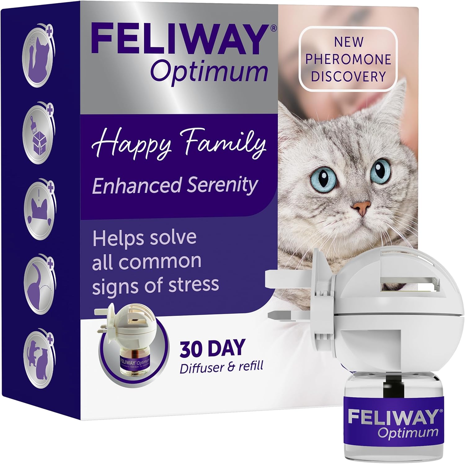 FELIWAY Optimum 30 Day Cat Calming Plug In Pheromone Diffuser with 48ml Refill - Helps Solve all Common Signs of Stress in Cats & Kittens, Veterinary Recommended, Clinically Proven, Enhanced Serenity - Comfort Style
