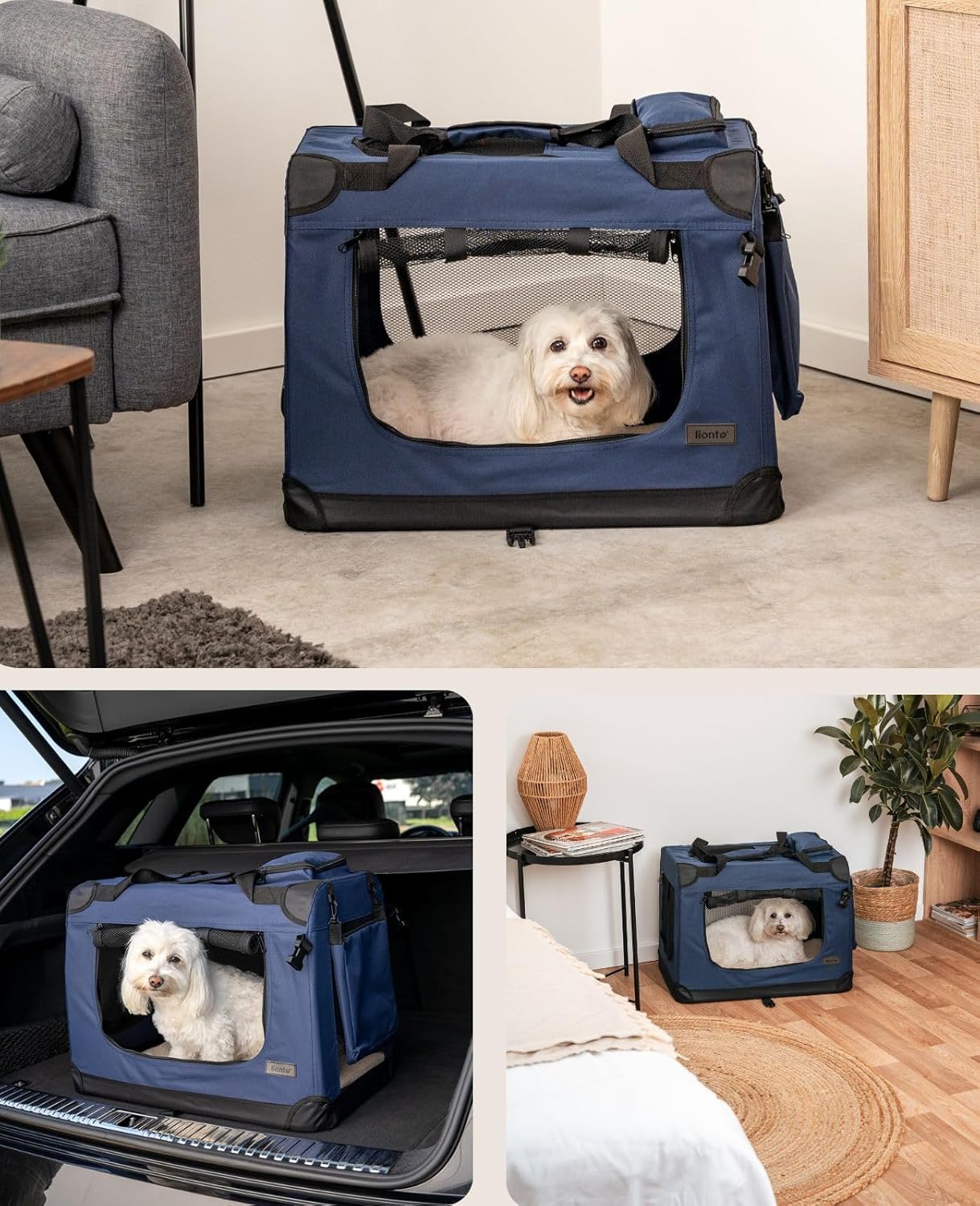 lionto Dog transport box foldable for travel & car, 50x34x36 cm, sturdy transport box with carrying handles & blanket for cats & dogs up to 10 kg, sturdy fabric dog box for small & large, beige - Comfort Style