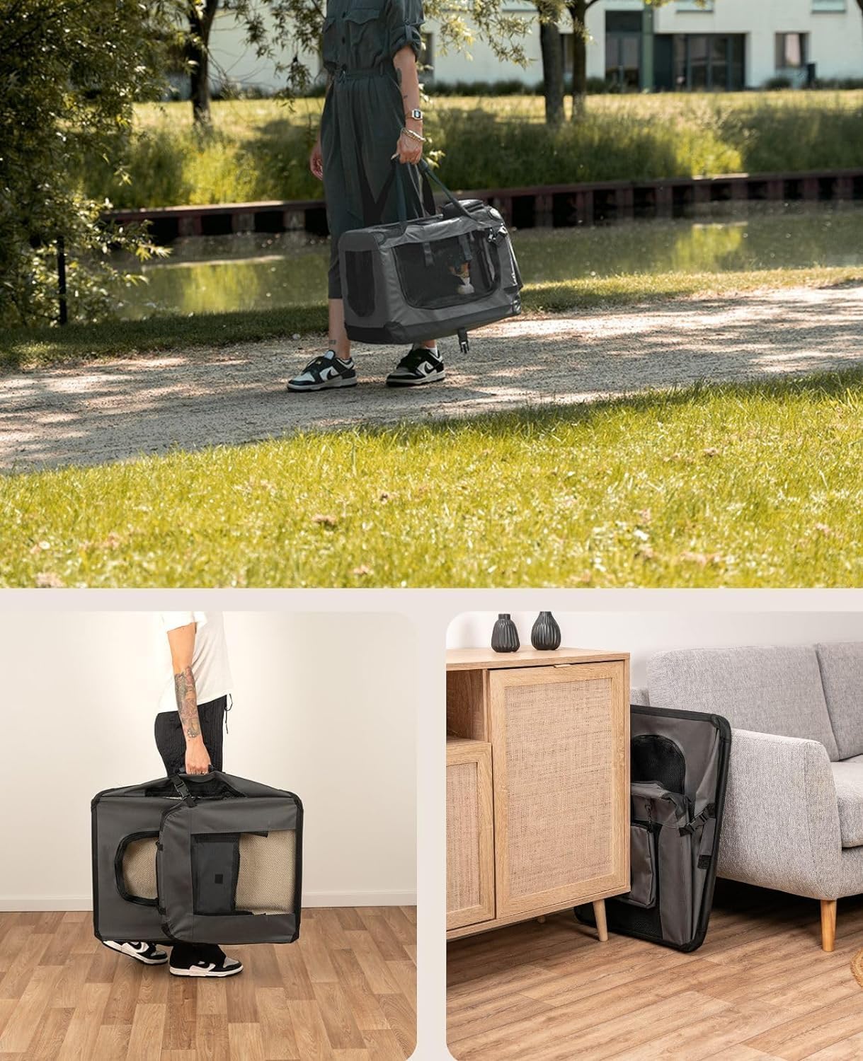 lionto Dog transport box foldable for travel & car, 50x34x36 cm, sturdy transport box with carrying handles & blanket for cats & dogs up to 10 kg, sturdy fabric dog box for small & large, beige - Comfort Style