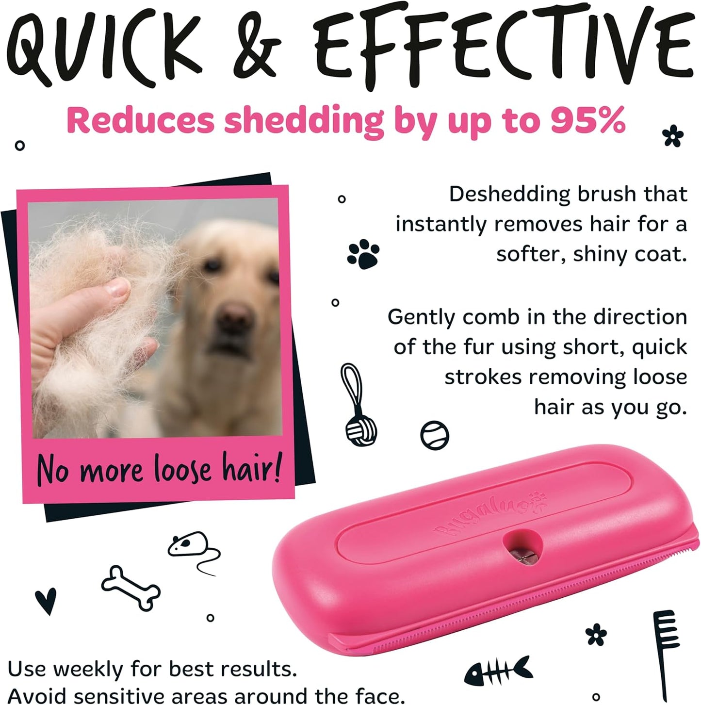 Bugalugs Deshedding Brush for Dogs, Cats, Horses - Pet Grooming Tool that is Gentle & Effective With Wide Shallow Comb for Dog, Cat and Horse