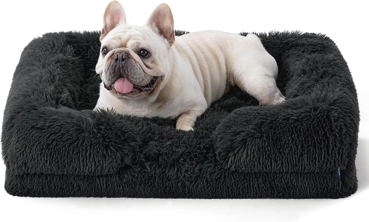 Bedsure Large Dog Bed Sofa - Washable Orthopedic Dog Beds and Couch with Removable Flannel Cover, Waterproof Dog Pillow with U-Shape Bolster, Grey Squre Pet Bed, 89x63x16cm - Comfort Style