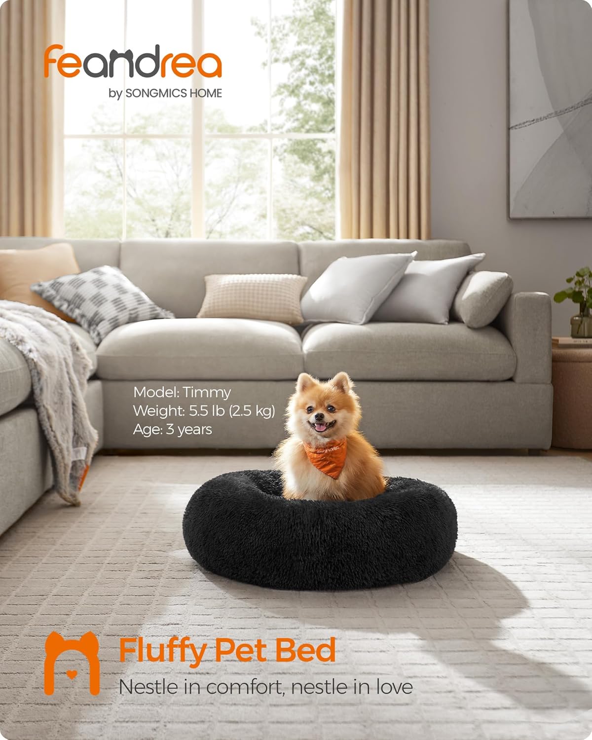 Feandrea Dog Bed, Donut Cat Bed, Fluffy Calming Pet Bed with Removable, Washable Cover, Soft Long Plush, 50 cm, Grey - Comfort Style