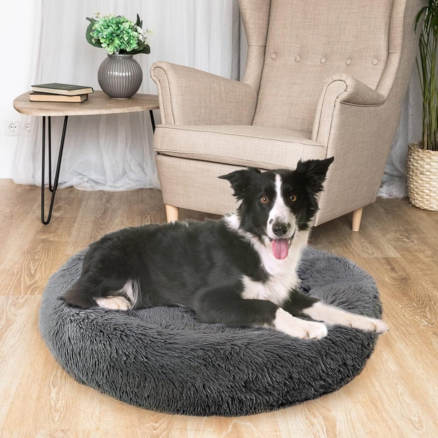 Enjamoy Plush Donut Dog Bed, Calming Round Dog Cat Bed Soft and Fluffy Cuddler Pet Cushion Self-Warming Puppy Beds Machine Washable, Grey 50cm - Comfort Style