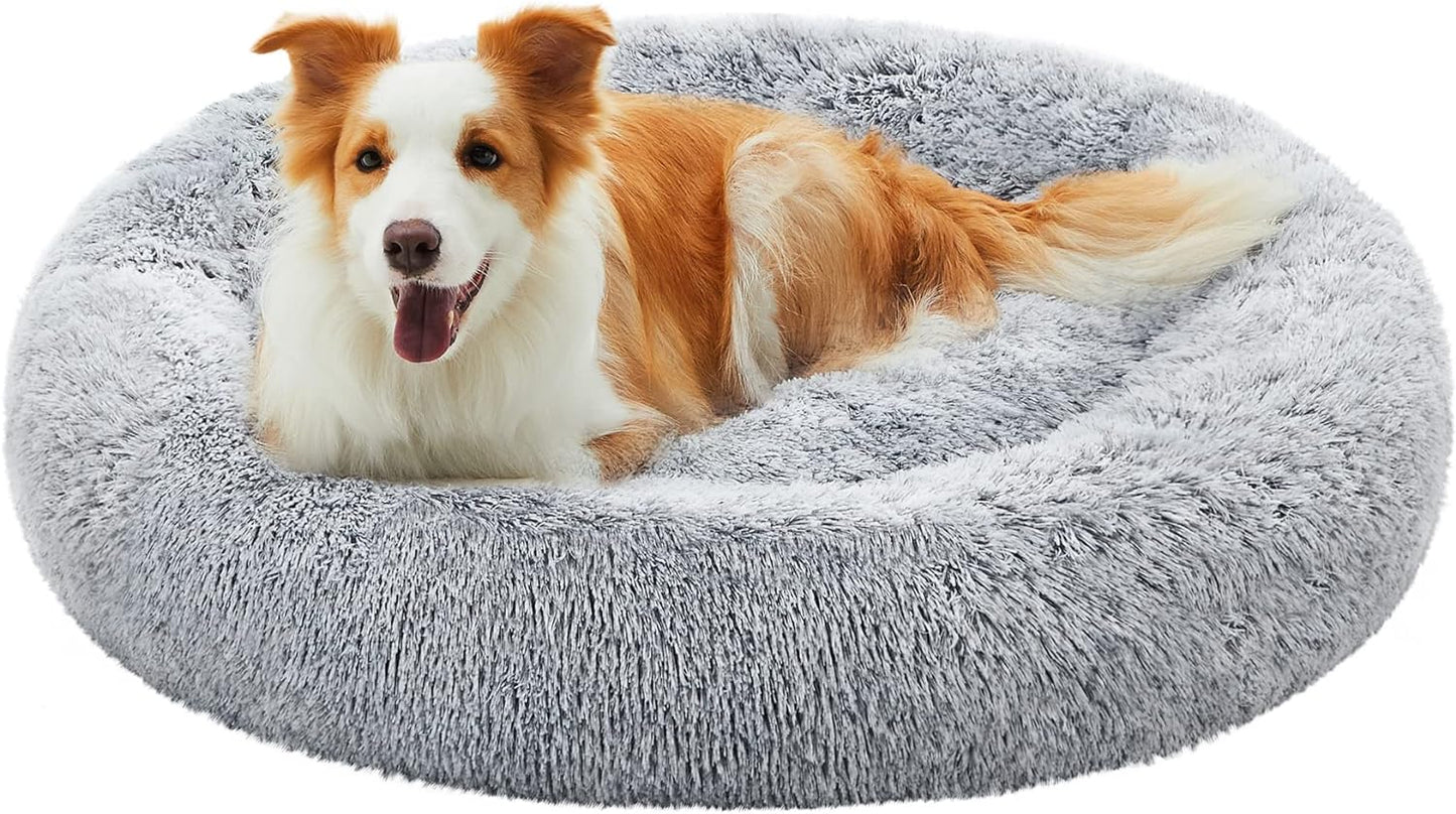 Feandrea Dog Bed, Donut Cat Bed, Fluffy Calming Pet Bed with Removable, Washable Cover, Soft Long Plush, 50 cm, Grey - Comfort Style