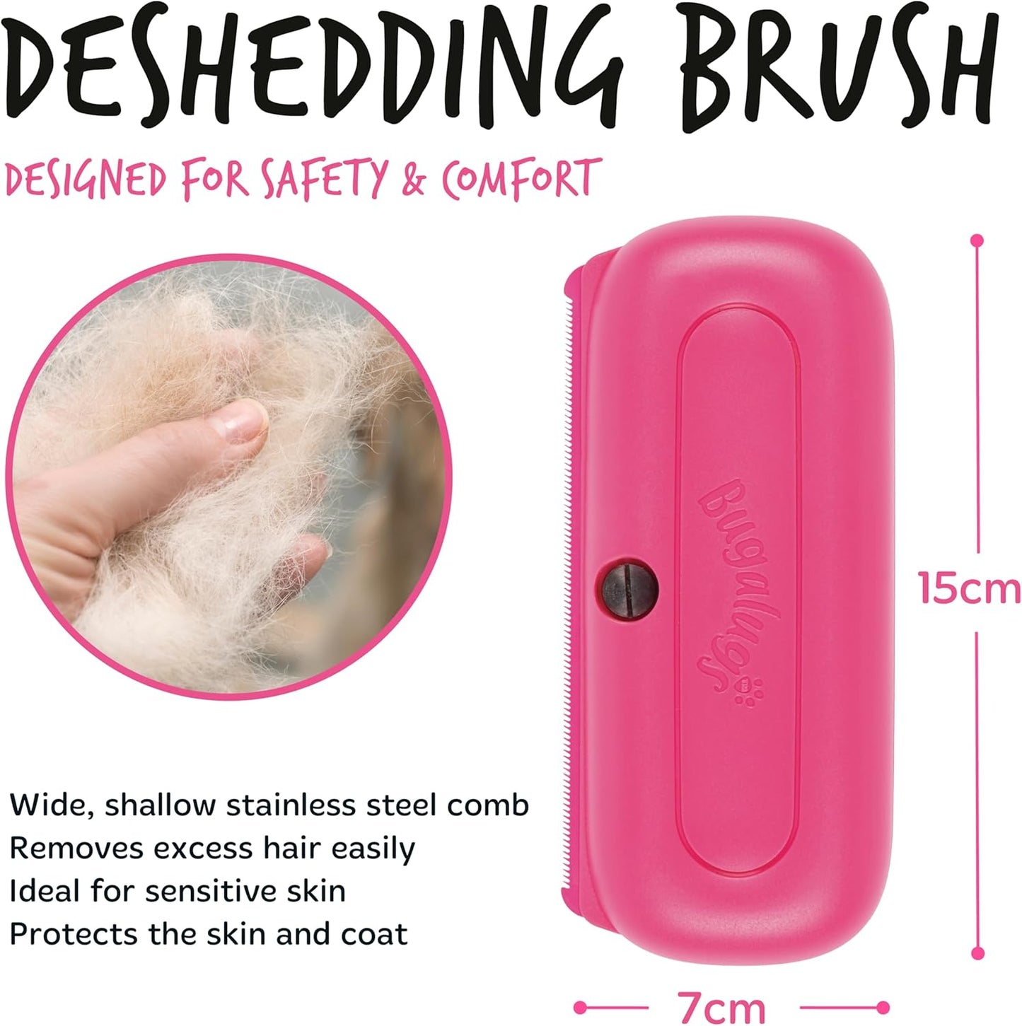 Bugalugs Deshedding Brush for Dogs, Cats, Horses - Pet Grooming Tool that is Gentle & Effective With Wide Shallow Comb for Dog, Cat and Horse