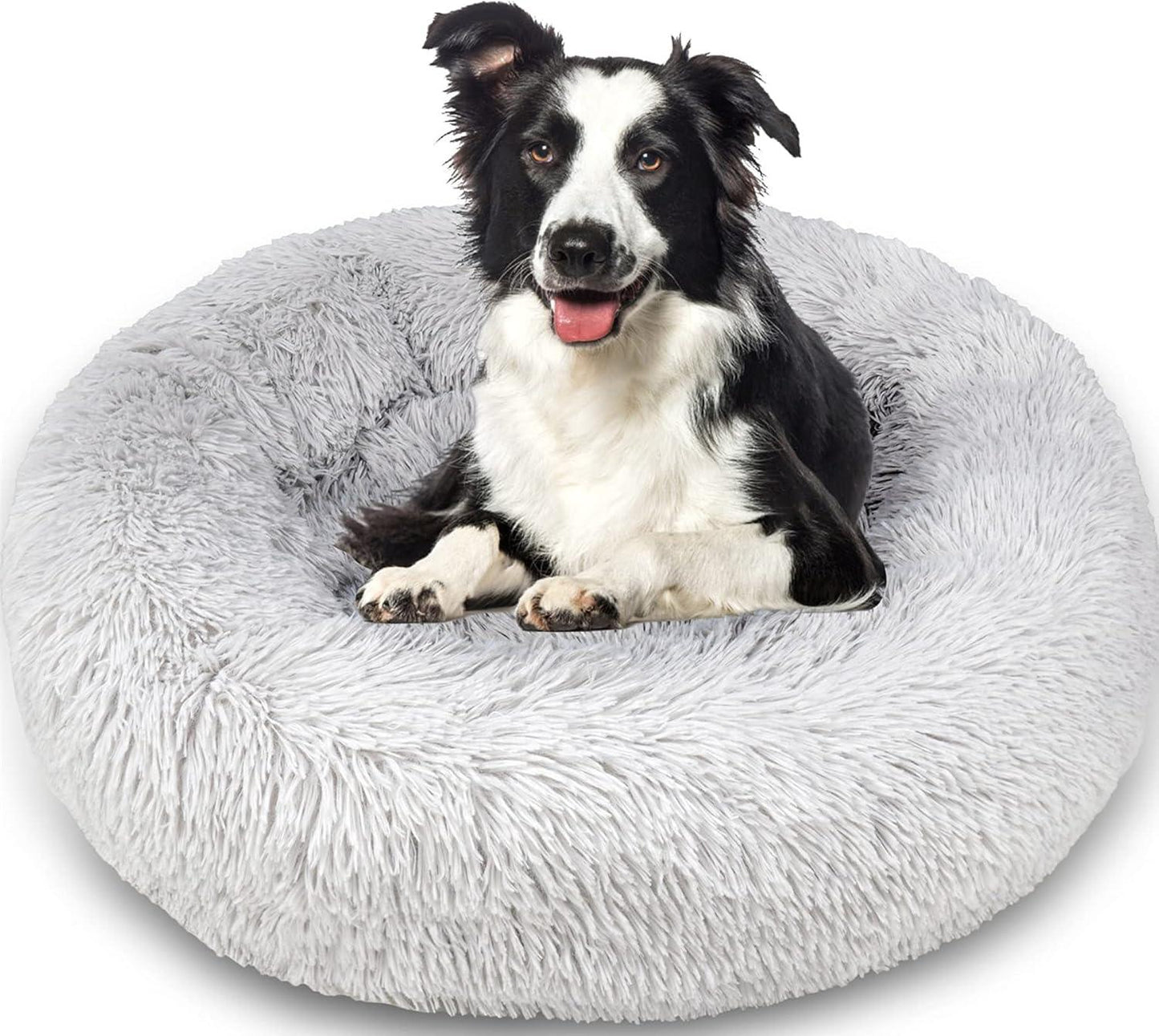 Enjamoy Plush Donut Dog Bed, Calming Round Dog Cat Bed Soft and Fluffy Cuddler Pet Cushion Self-Warming Puppy Beds Machine Washable, Grey 50cm - Comfort Style