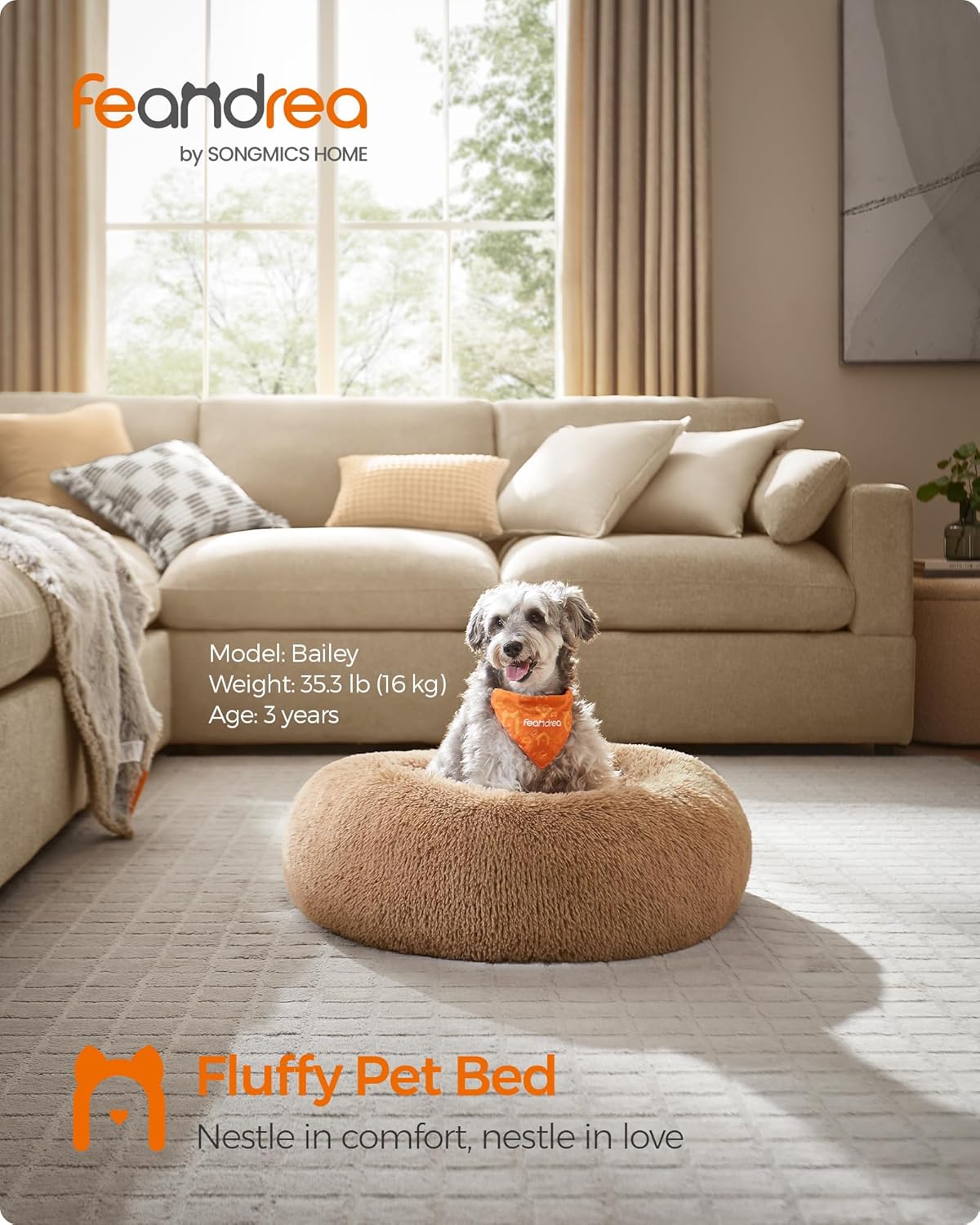Feandrea Dog Bed, Donut Cat Bed, Fluffy Calming Pet Bed with Removable, Washable Cover, Soft Long Plush, 50 cm, Grey - Comfort Style