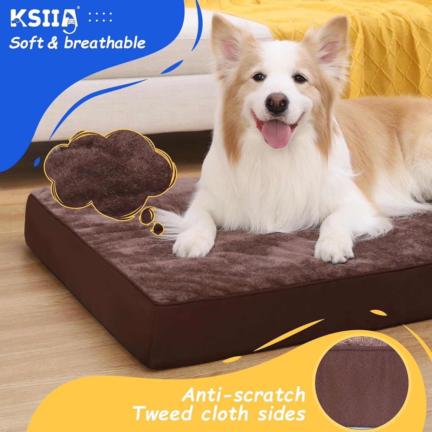 KSIIA Dog Beds Large Washable, Orthopedic Dog Crate Beds with Waterproof Removable Cover, Flat Dog Mattress Non skid Bottom, Pet Beds for Dogs, Grey, 88x55x7cm - Comfort Style