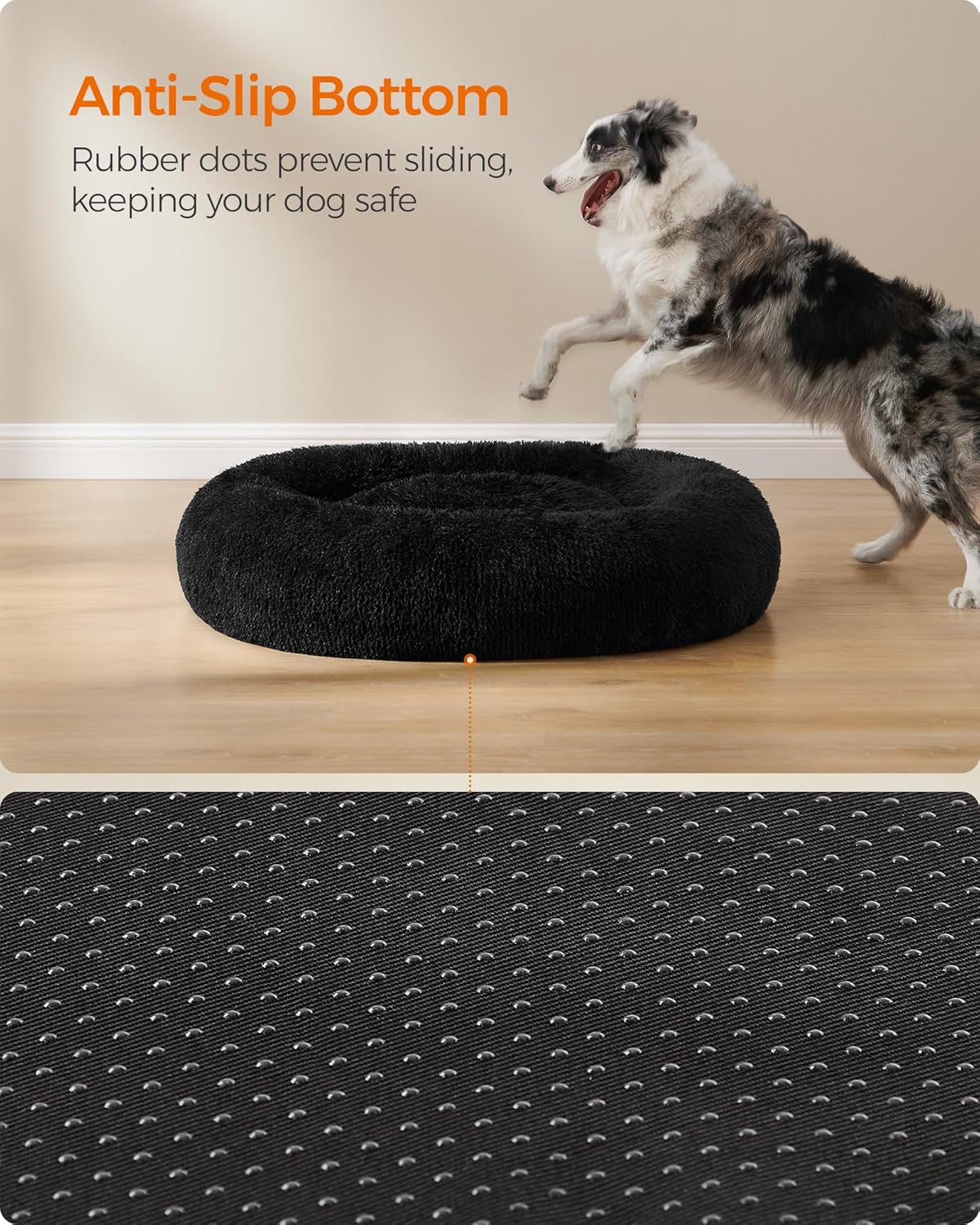 Feandrea Dog Bed, Donut Cat Bed, Fluffy Calming Pet Bed with Removable, Washable Cover, Soft Long Plush, 50 cm, Grey - Comfort Style
